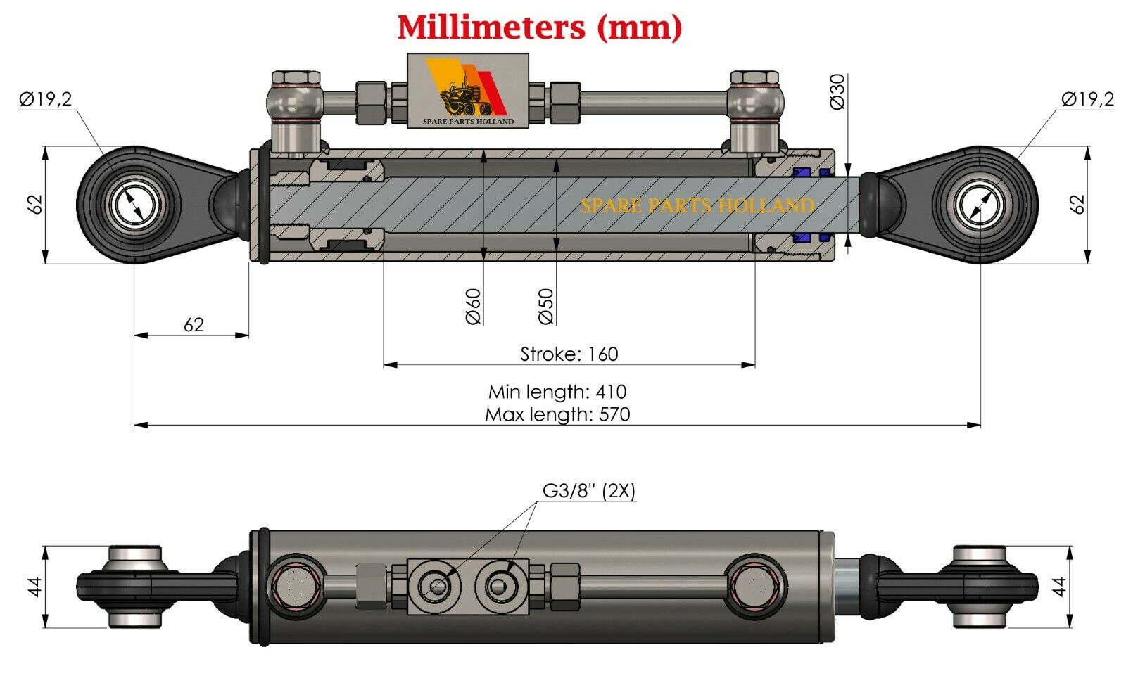 Hydraulischer Oberlenker Kat 1 (410–570 mm) mit Sperrblock & 2 Hydraulikschläuchen