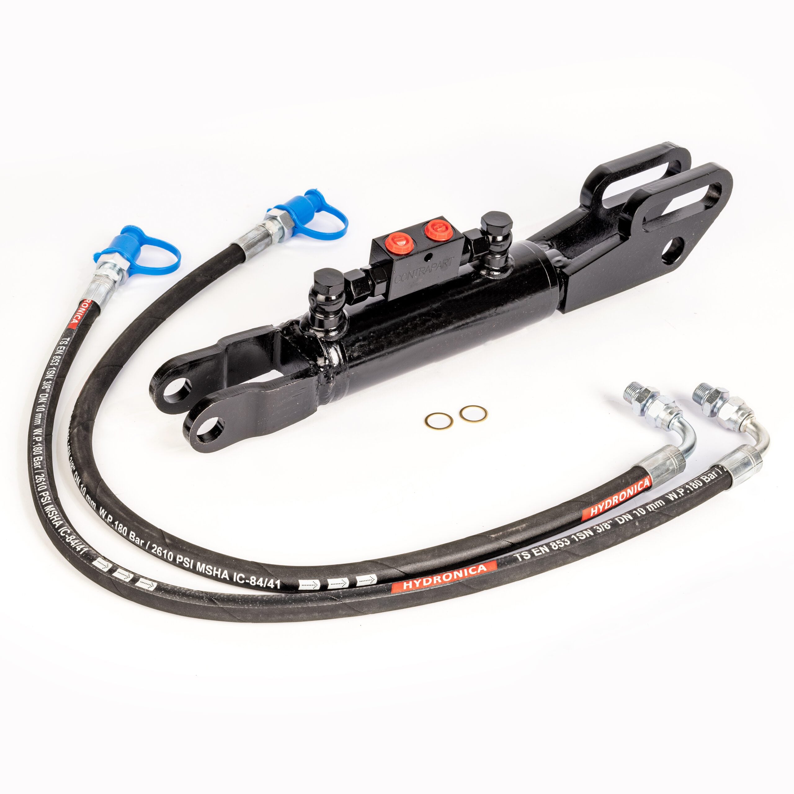 Hydraulische Seitenstrebe mit Gabelkopf / Hubstrebenzylinder (450–550 mm) mit Sperrblock & 2 Hydraulikschläuchen