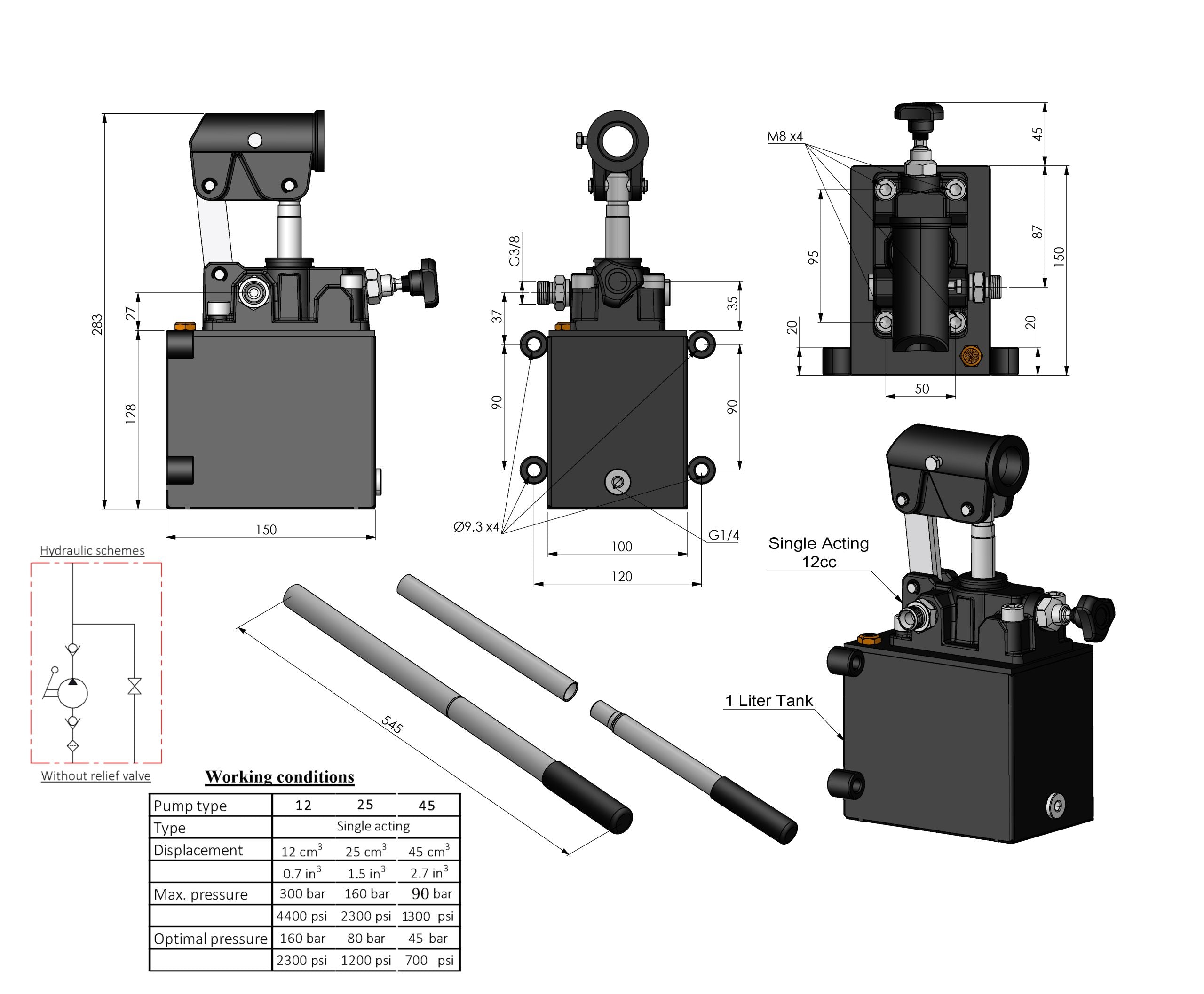Einfachwirkende Hydraulische Handpumpe mit Tank und 3/8" Anschlüssen