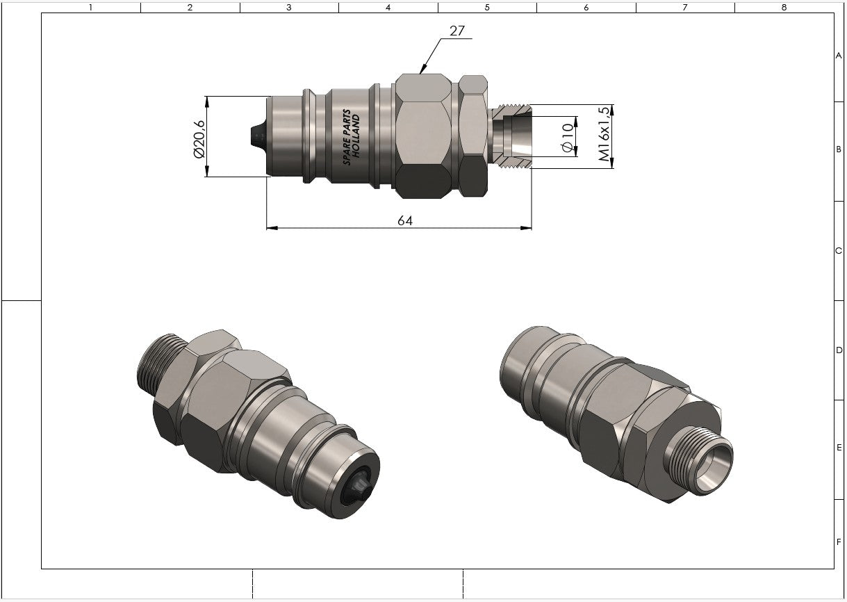 Hydraulische Schnellkupplung Stecker ISO 7241-A – Metrisches Gewinde (10L / 12L / 15L)