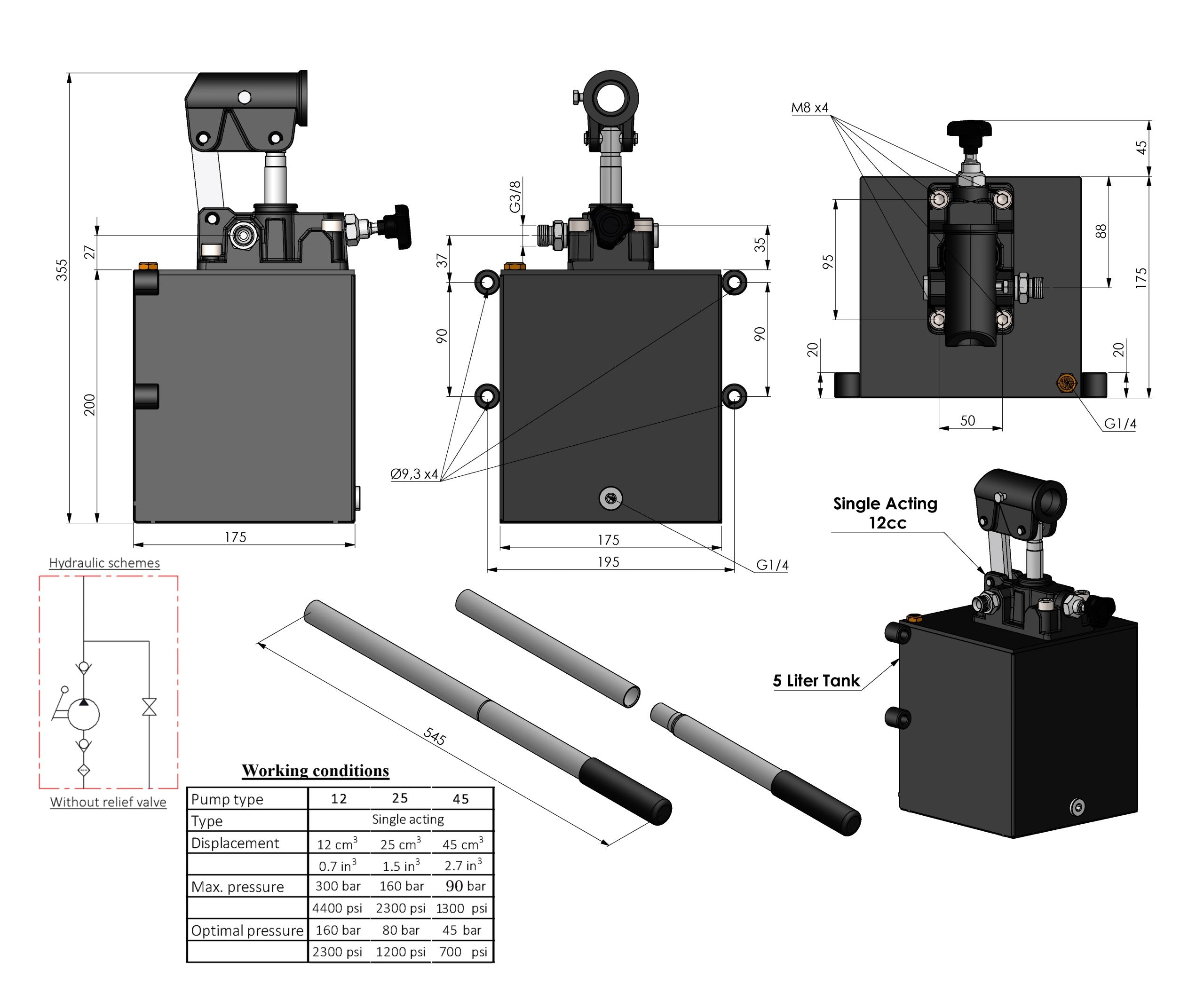 Einfachwirkende Hydraulische Handpumpe mit Tank und 3/8" Anschlüssen