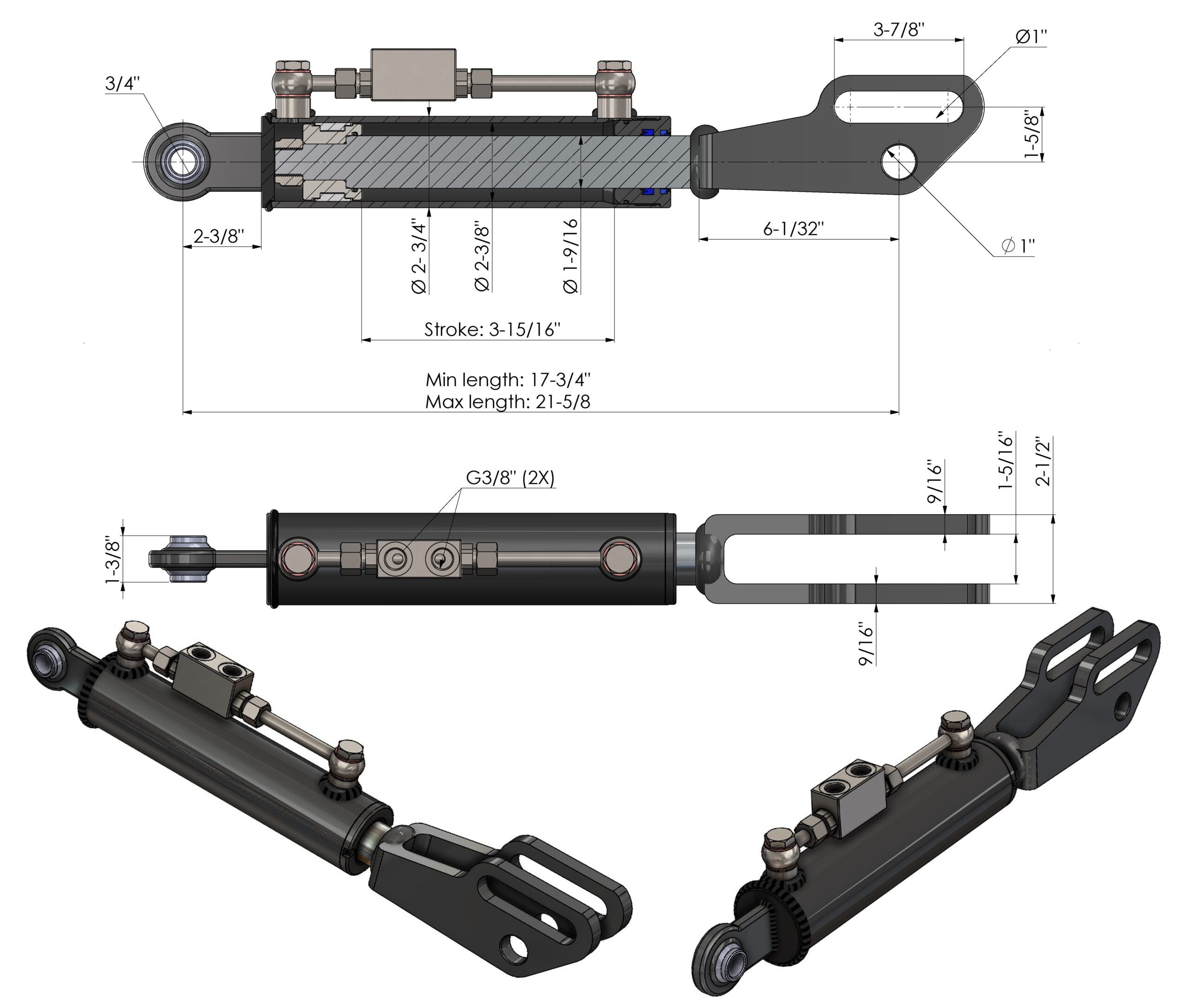 Hydraulische Seitenstrebe / Hubstrebenzylinder (450–550 mm) mit Sperrblock & 2 Hydraulikschläuchen