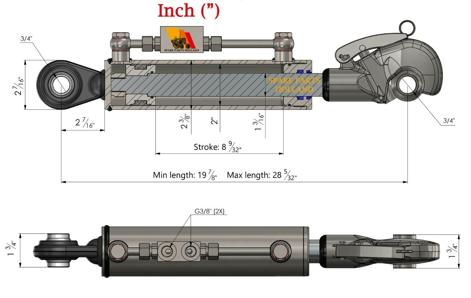 Hydraulischer Oberlenker Kat 1 (505–715 mm) mit Fanghaken, Sperrblock & 2 Hydraulikschläuchen