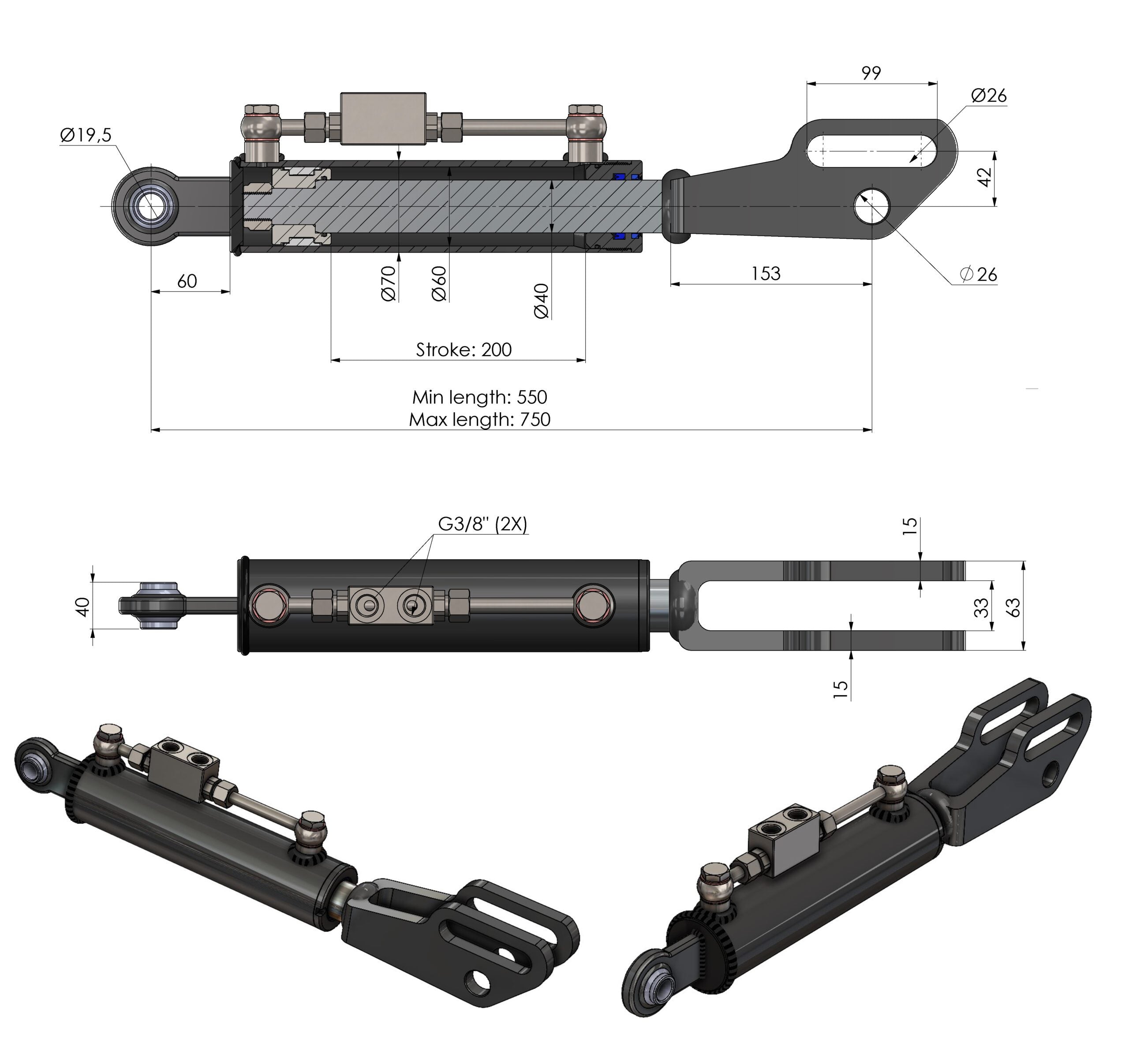 Hydraulische Seitenstrebe / Hubstrebenzylinder (550–750 mm) mit Sperrblock & 2 Hydraulikschläuchen