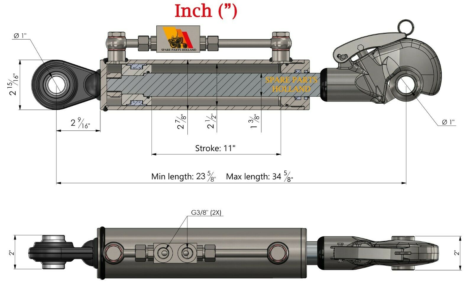 Hydraulischer Oberlenker Kat 2 (600–880 mm) mit Fanghaken, Sperrblock & 2 Hydraulikschläuchen