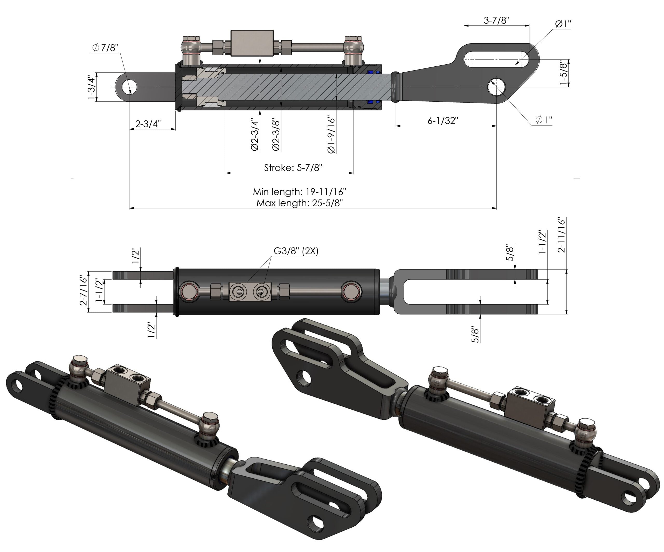 Hydraulische Seitenstrebe mit Gabelkopf / Hubstrebenzylinder (500–650 mm) mit Sperrblock & 2 Hydraulikschläuchen