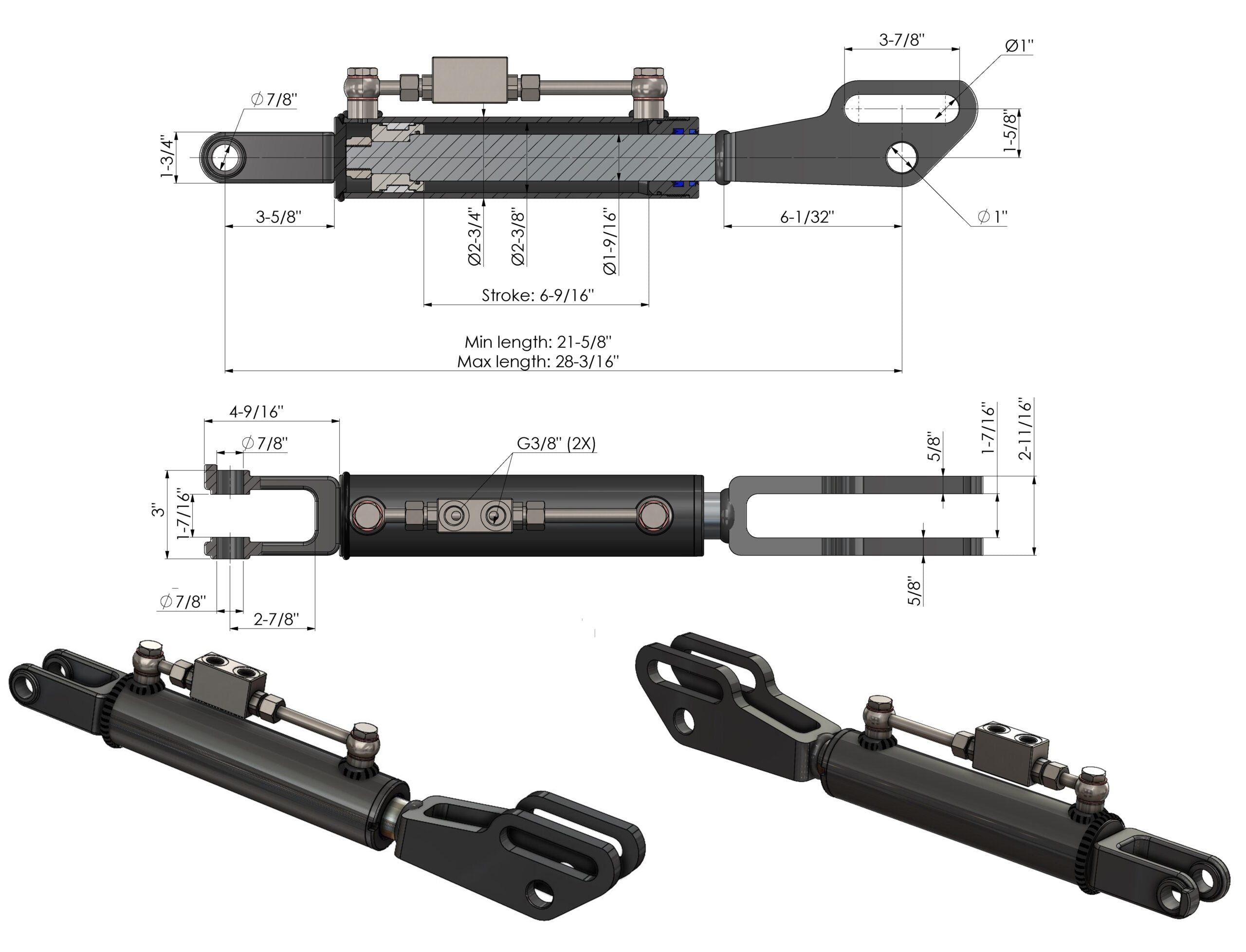 Hydraulische Seitenstrebe mit Gabelkopf / Hubstrebenzylinder (550–716 mm) mit Sperrblock & 2 Hydraulikschläuchen