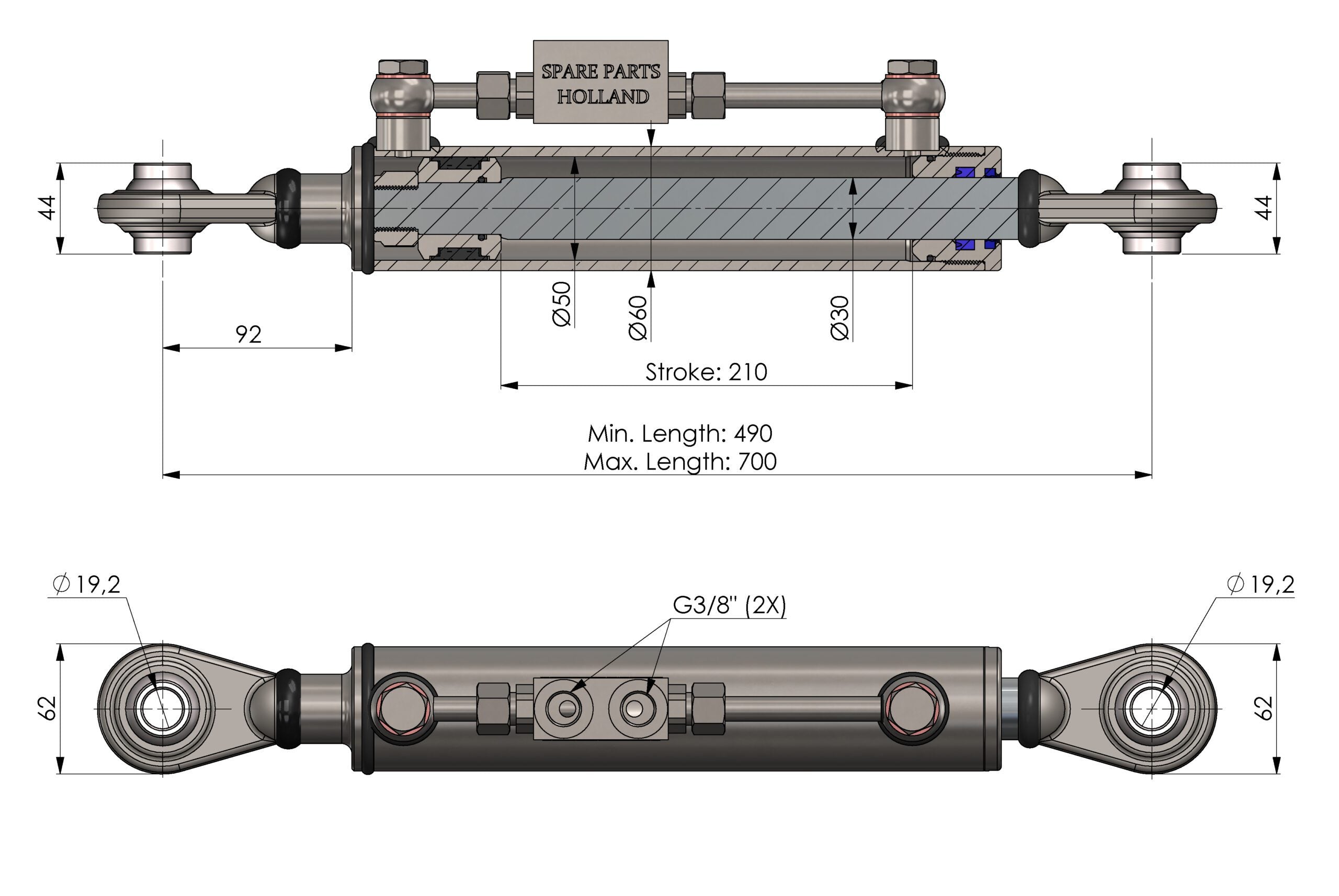 Hydraulischer Oberlenker Kat 1 (490–700 mm) verlängert mit Sperrblock & 2 Hydraulikschläuchen