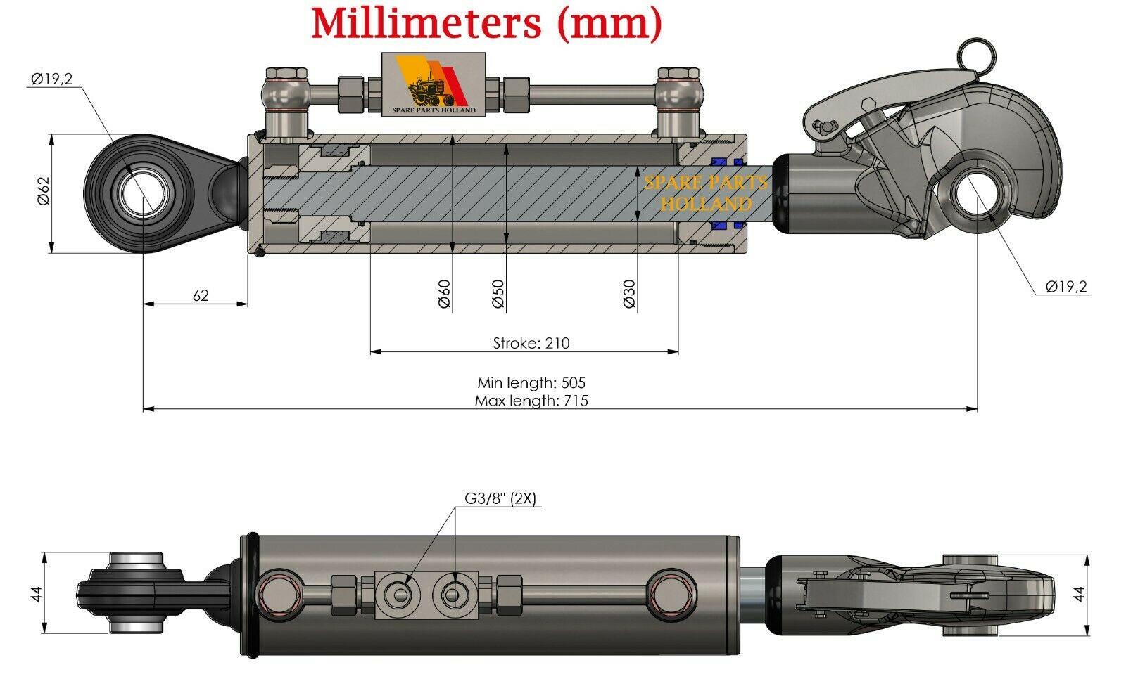 Hydraulischer Oberlenker Kat 1 (505–715 mm) mit Fanghaken, Sperrblock & 2 Hydraulikschläuchen