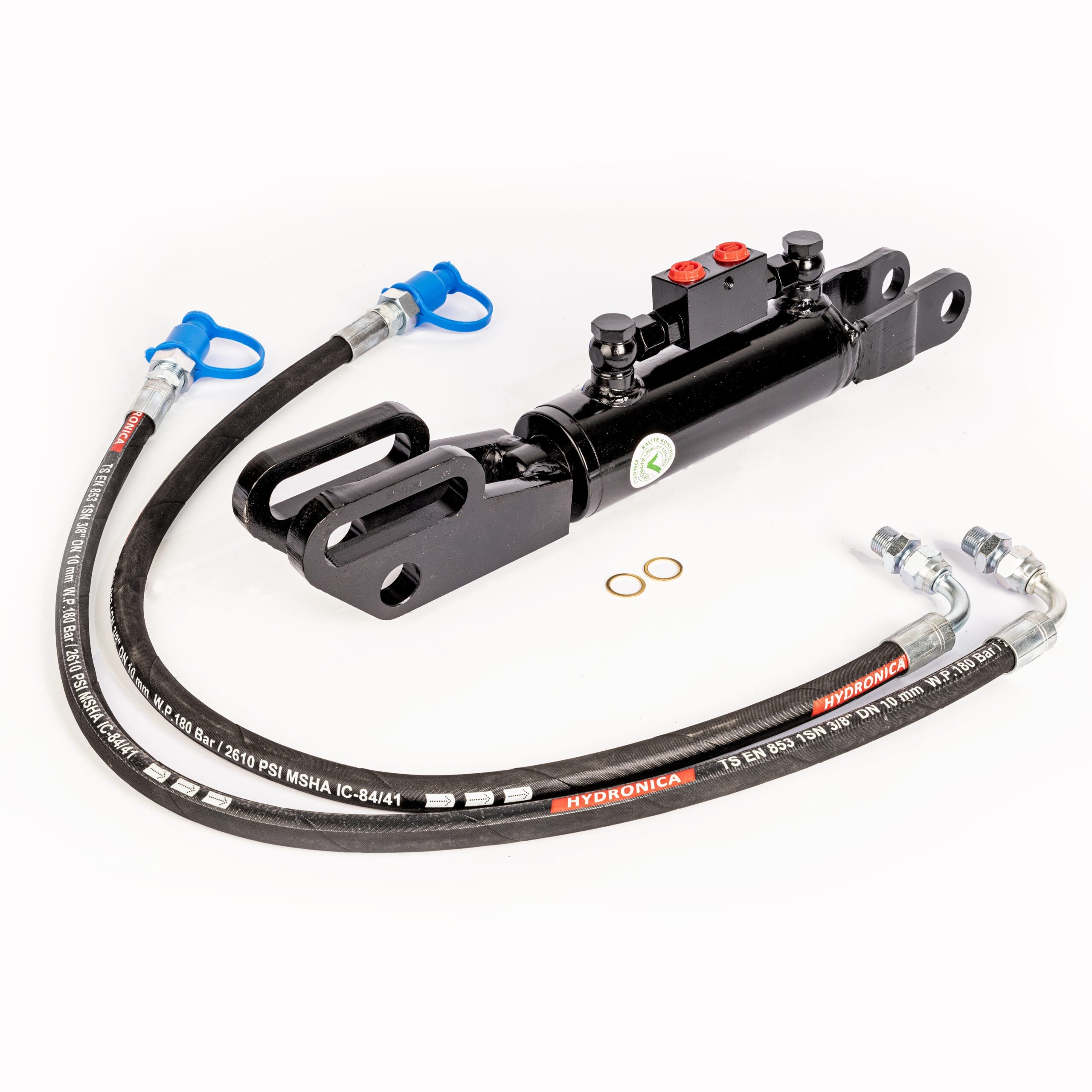 Hydraulische Seitenstrebe mit Gabelkopf / Hubstrebenzylinder (450–550 mm) mit Sperrblock & 2 Hydraulikschläuchen