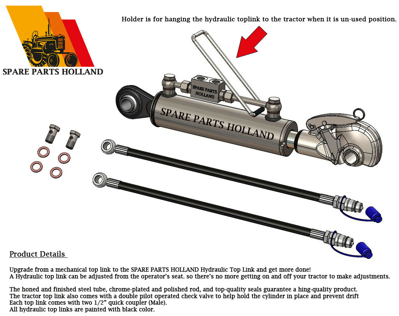 Hydraulischer Oberlenker Kat 1 (505–715 mm) mit Fanghaken, Sperrblock & 2 Hydraulikschläuchen