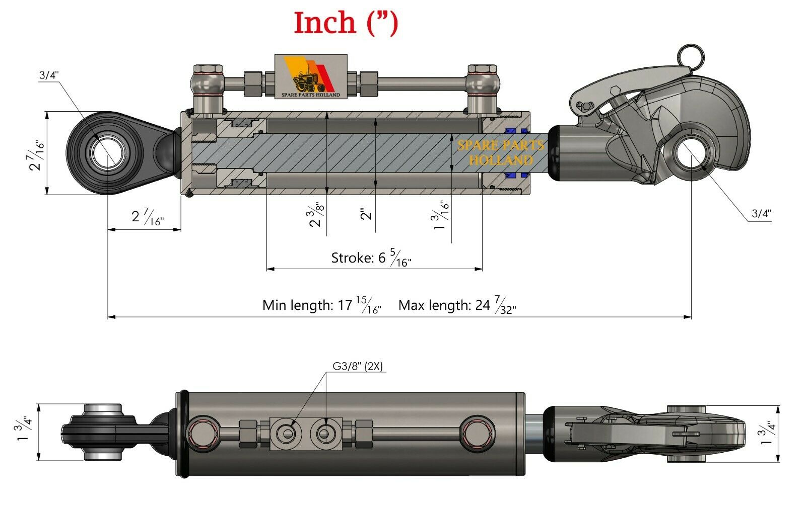 Hydraulischer Oberlenker Kat 1 (455–615 mm) mit Fanghaken, Sperrblock und 2 Hydraulikschläuchen