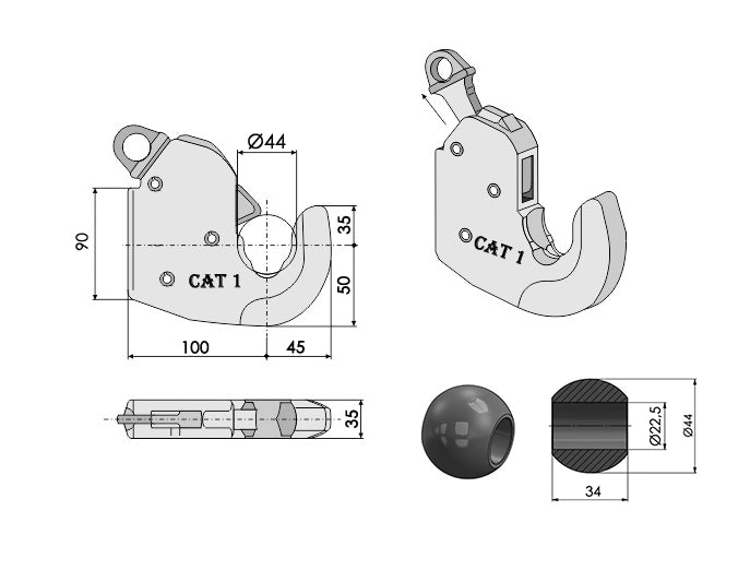 Unterlenker-Fanghaken mit Kugel – 1 Stück – Kat. 1 / Kat. 2S / Kat. 2 / Kat. 3