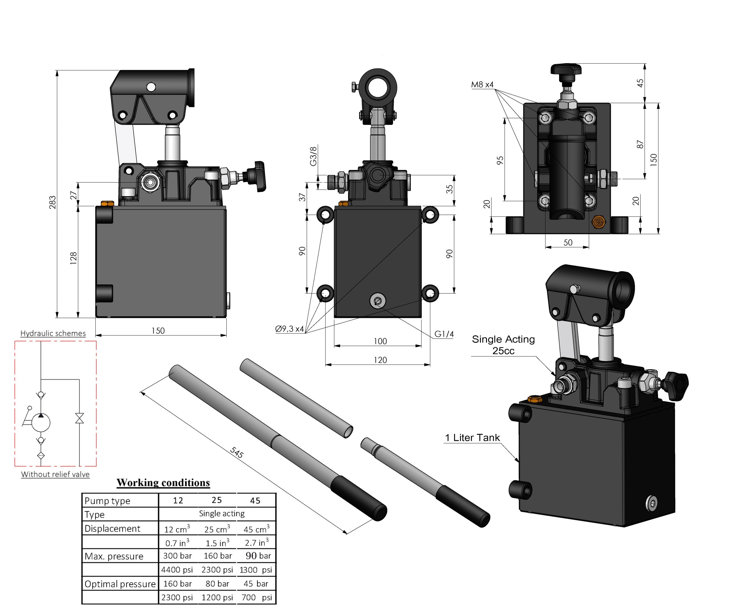 Einfachwirkende Hydraulische Handpumpe mit Tank und 3/8" Anschlüssen
