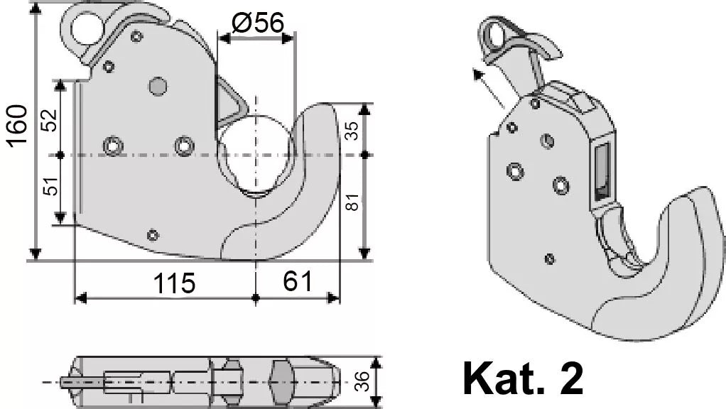 Unterlenker-Fanghaken mit Kugel – 1 Stück – Kat. 1 / Kat. 2S / Kat. 2 / Kat. 3