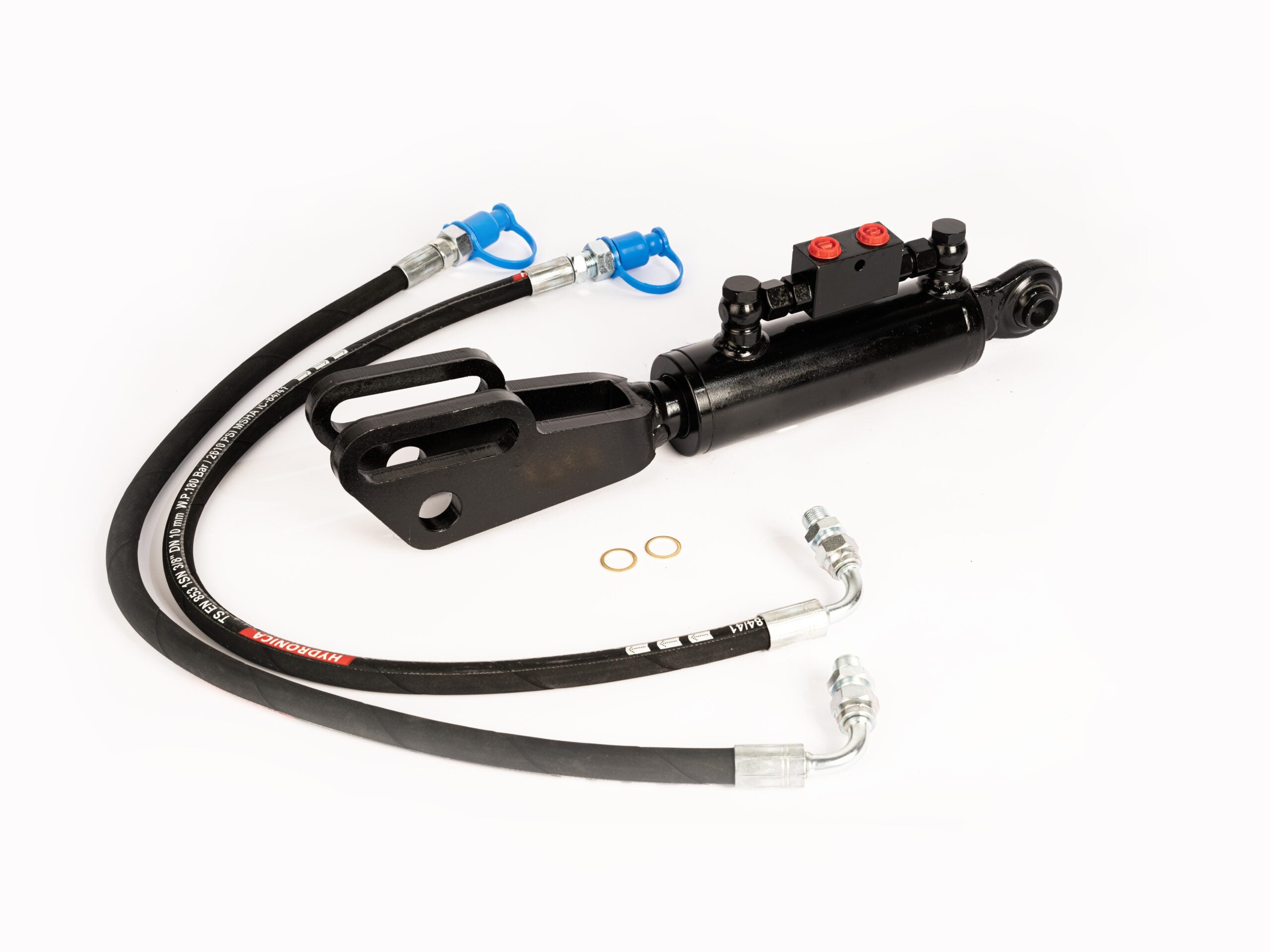 Hydraulische Seitenstrebe / Hubstrebenzylinder (550–750 mm) mit Sperrblock & 2 Hydraulikschläuchen