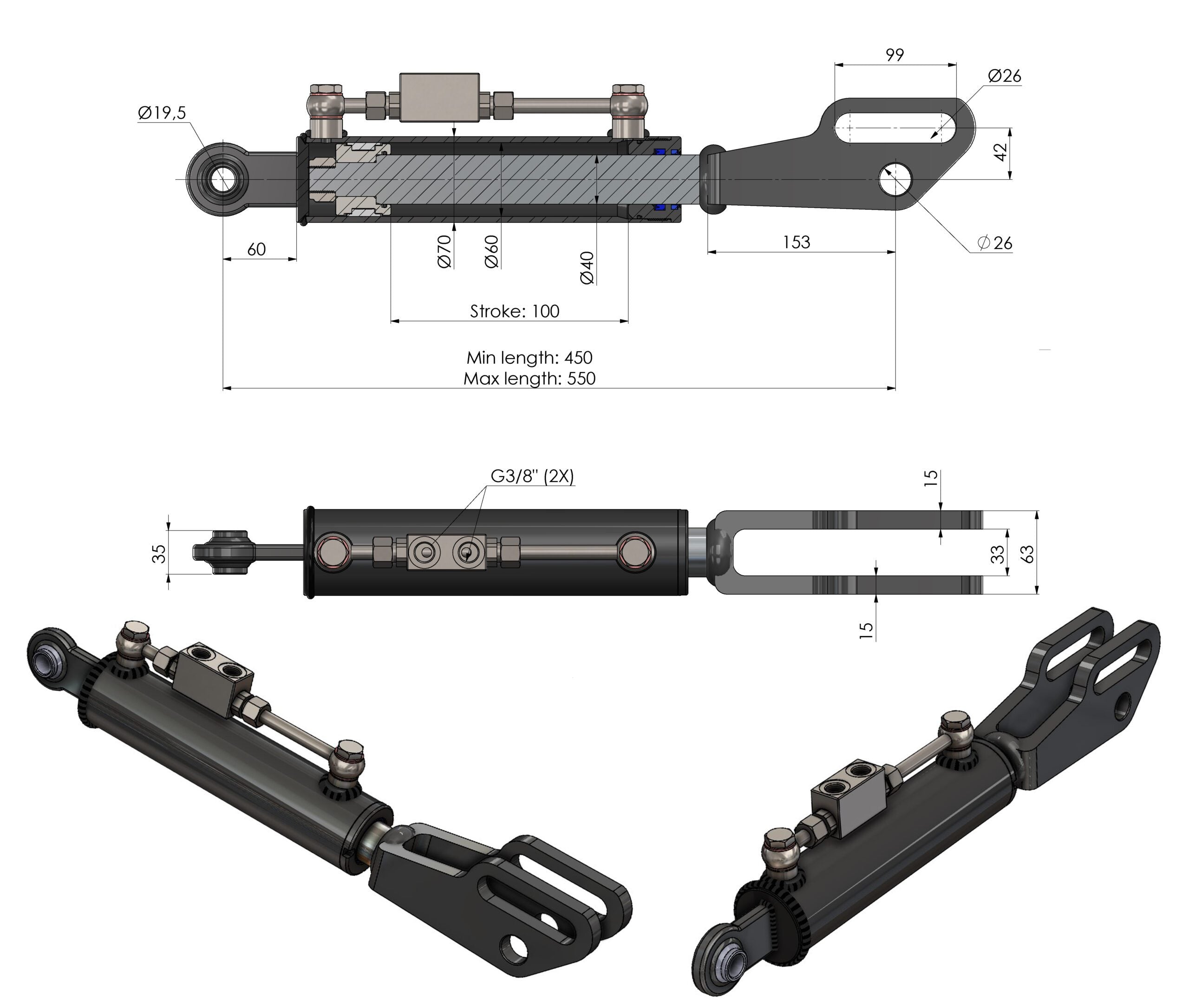 Hydraulische Seitenstrebe / Hubstrebenzylinder (450–550 mm) mit Sperrblock & 2 Hydraulikschläuchen