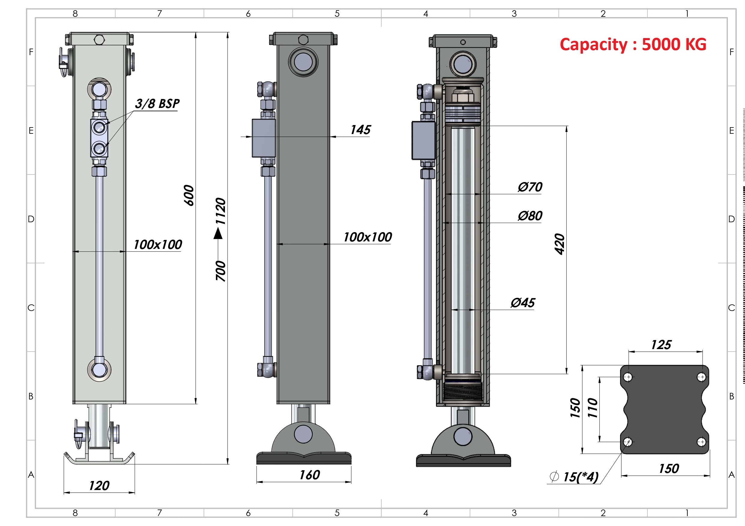 Hydraulischer Stützfuss für Anhänger 5 t, doppeltwirkend, 700–1120 mm
