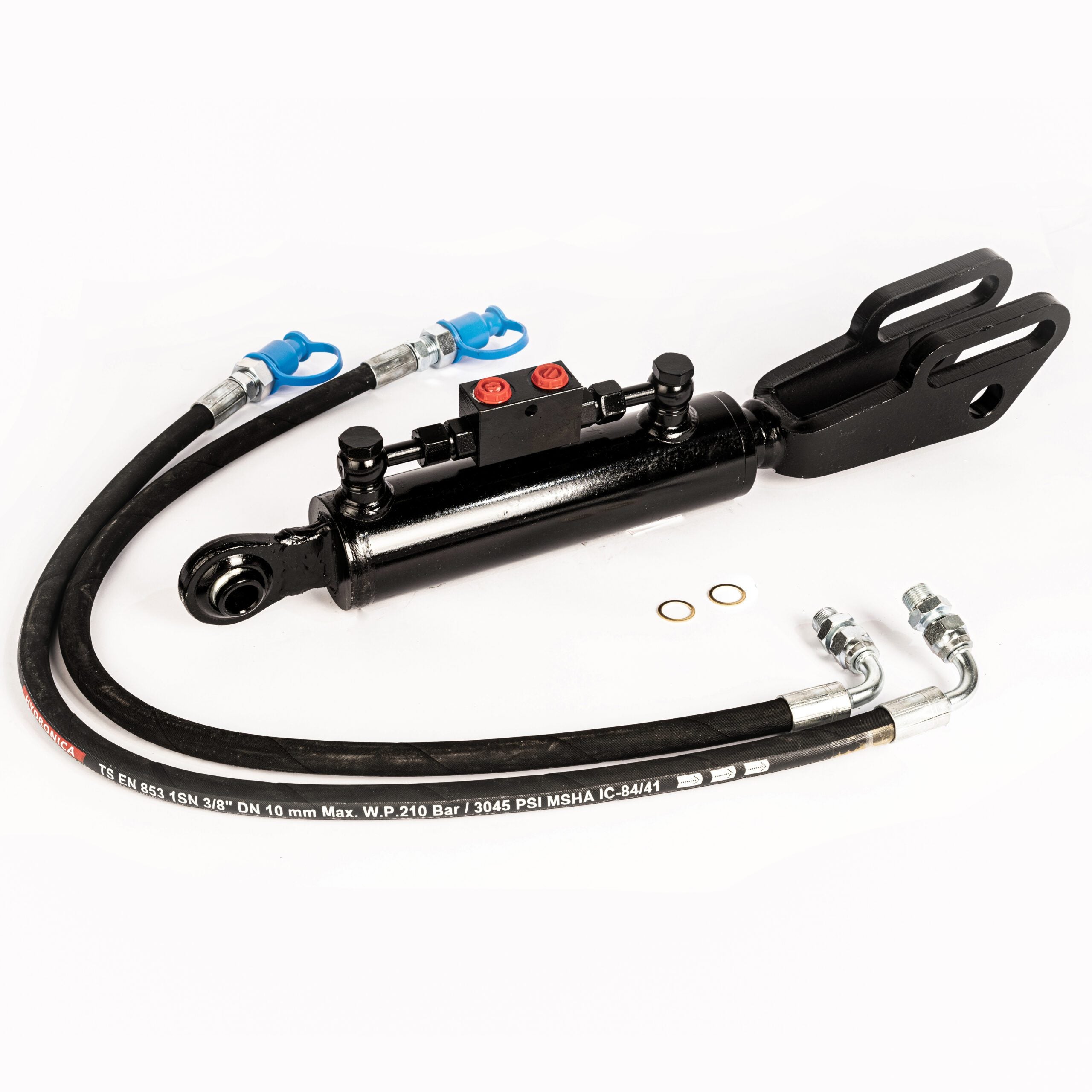 Hydraulische Seitenstrebe / Hubstrebenzylinder (450–550 mm) mit Sperrblock & 2 Hydraulikschläuchen