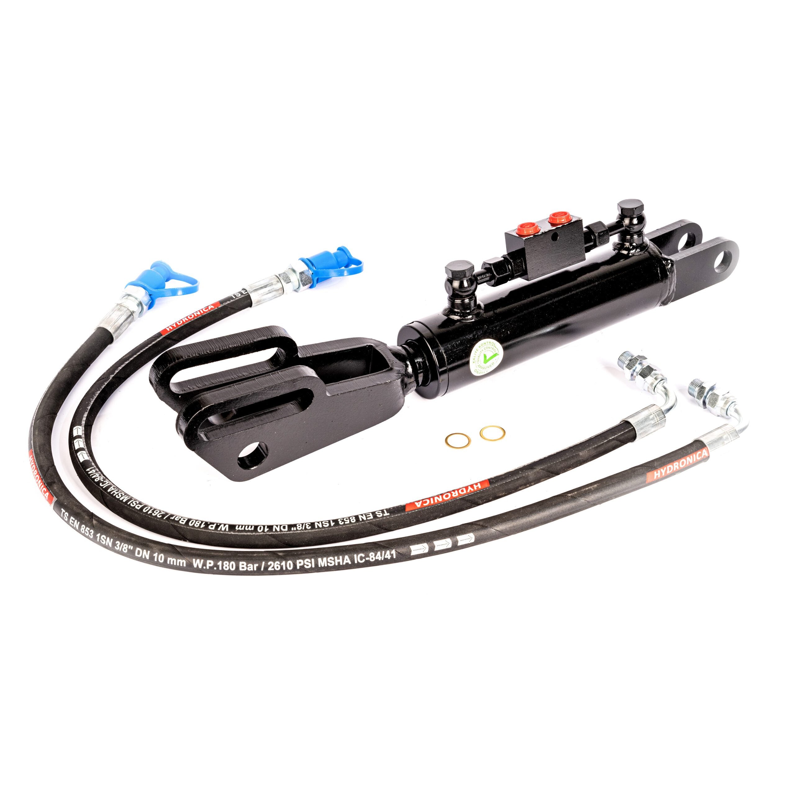 Hydraulische Seitenstrebe mit Gabelkopf / Hubstrebenzylinder (500–650 mm) mit Sperrblock & 2 Hydraulikschläuchen