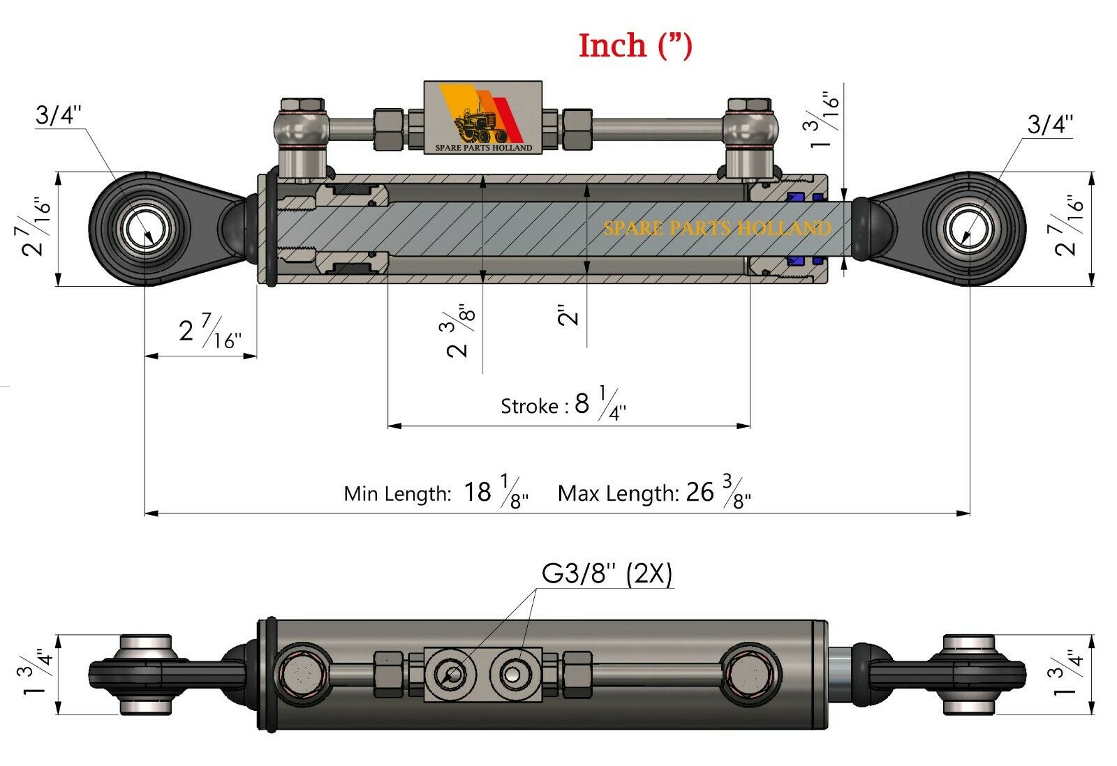 Hydraulischer Oberlenker Kat 1 (460–670 mm) mit Sperrblock & 2 Hydraulikschläuchen