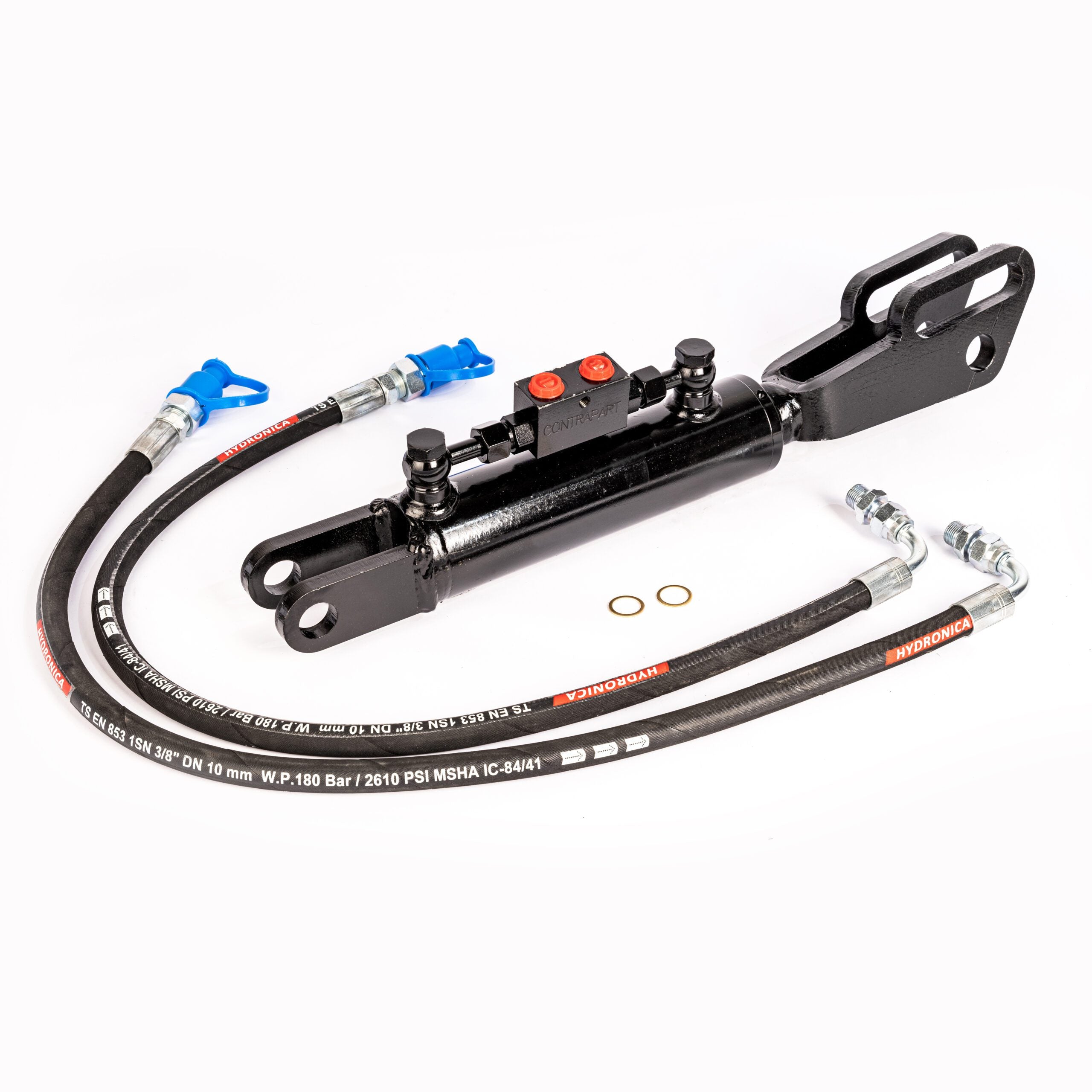Hydraulische Seitenstrebe mit Gabelkopf / Hubstrebenzylinder (500–650 mm) mit Sperrblock & 2 Hydraulikschläuchen