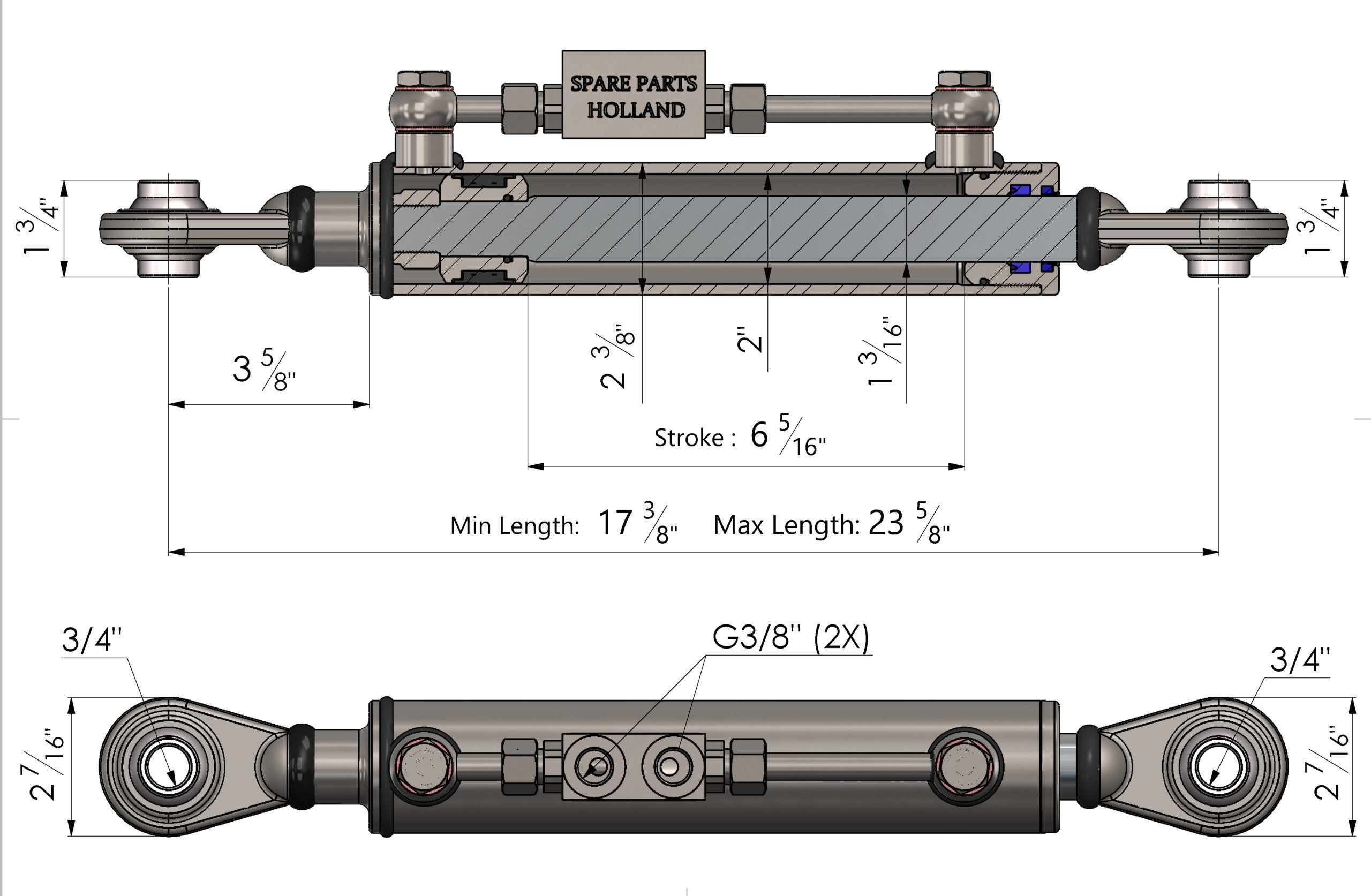 Hydraulischer Oberlenker Kat 1 (440–600 mm) verlängert mit Sperrblock & 2 Hydraulikschläuchen