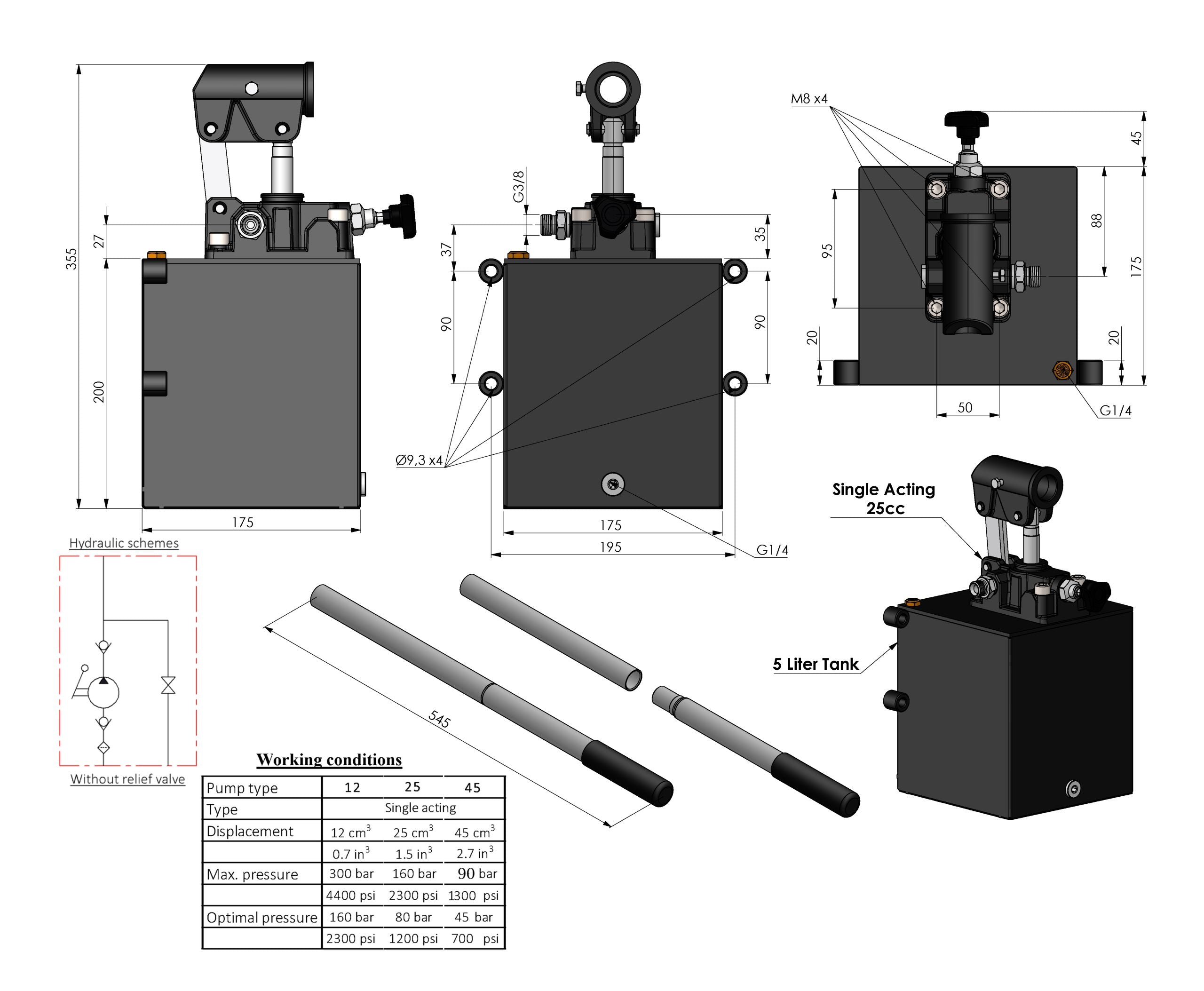 Einfachwirkende Hydraulische Handpumpe mit Tank und 3/8" Anschlüssen
