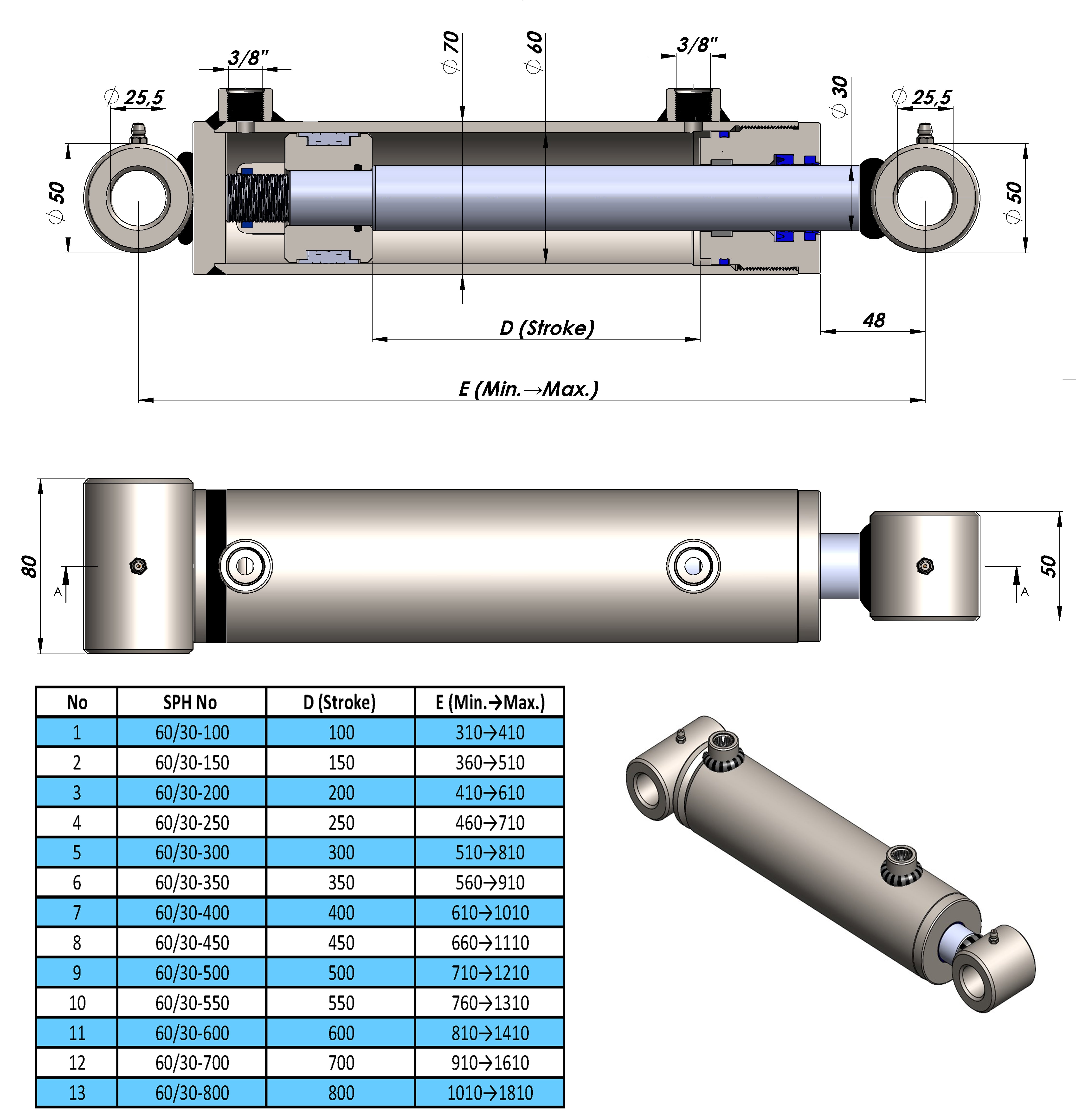 Doppelwirkender Hydraulikzylinder mit Querbuchsen (60/30)