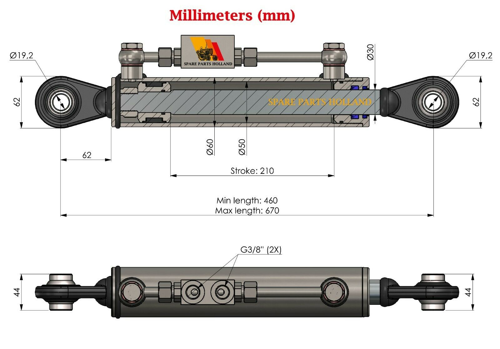 Hydraulischer Oberlenker Kat 1 (460–670 mm) mit Sperrblock & 2 Hydraulikschläuchen