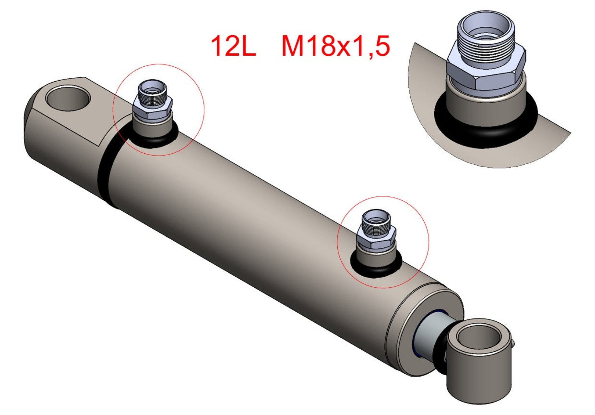 Doppeltwirkender Hydraulikzylinder mit Stangenauge und Gewindenippel (50/30) + Einschraubverschraubung 12L M18x1,5