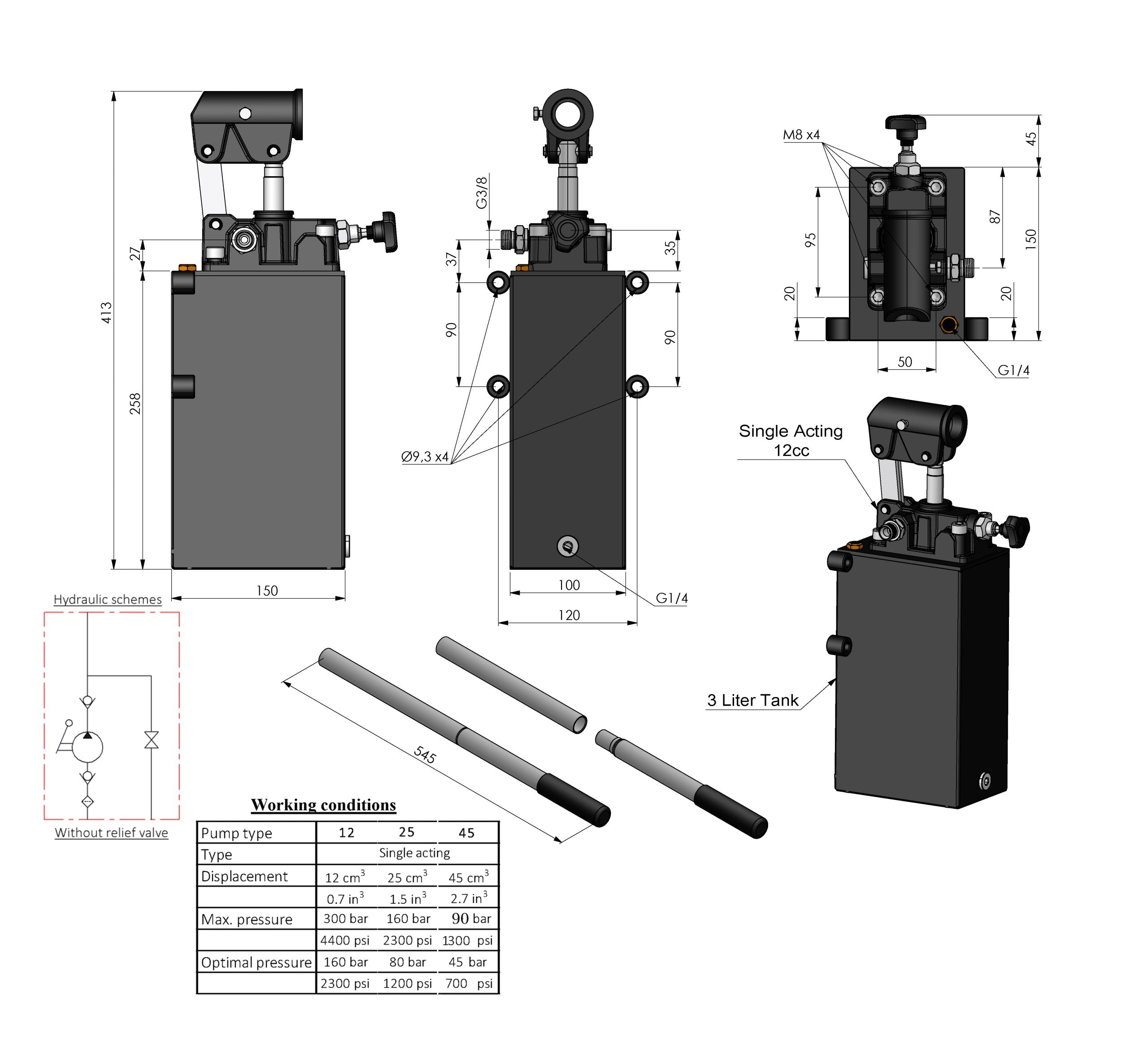 Einfachwirkende Hydraulische Handpumpe mit Tank und 3/8" Anschlüssen