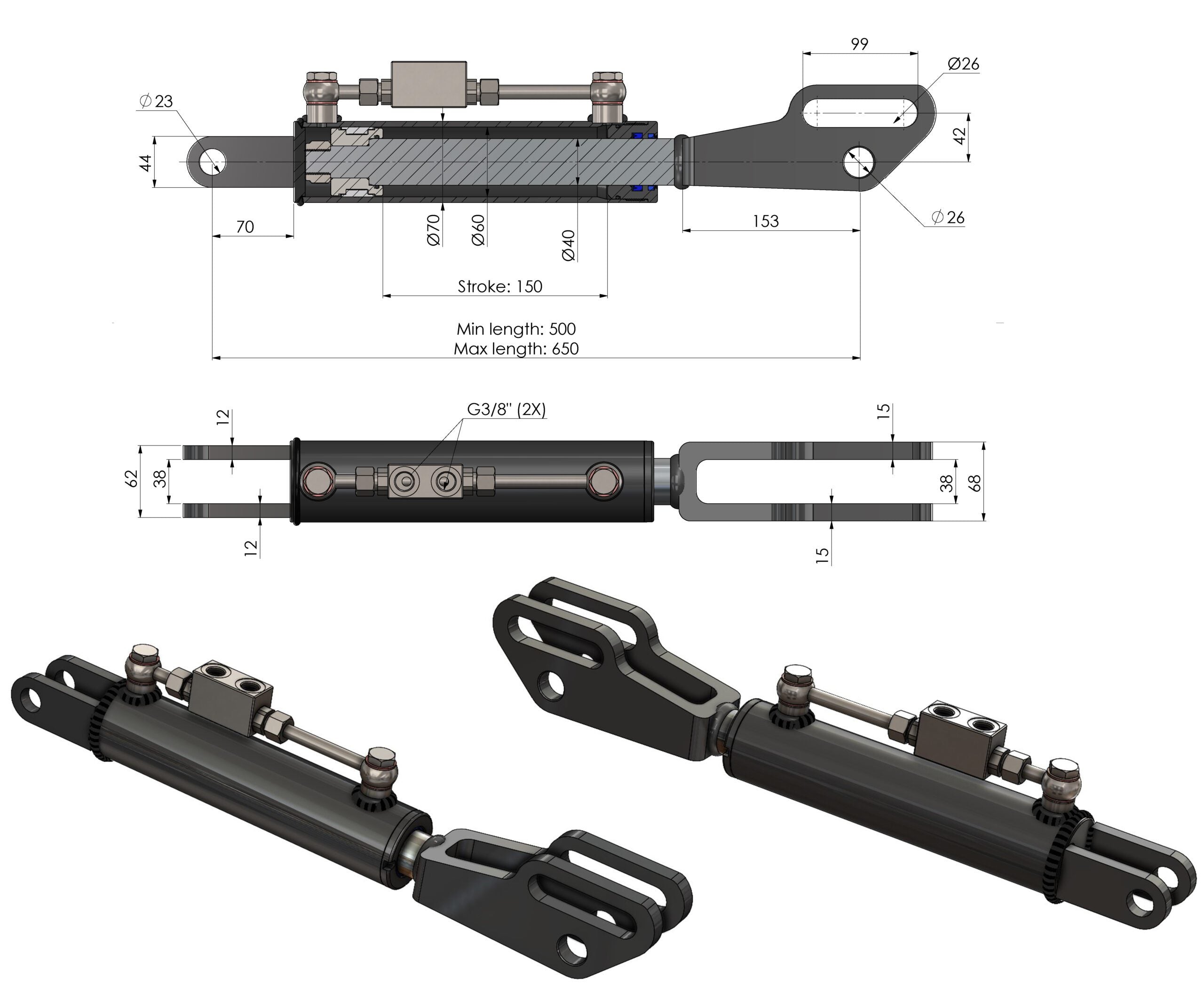 Hydraulische Seitenstrebe mit Gabelkopf / Hubstrebenzylinder (500–650 mm) mit Sperrblock & 2 Hydraulikschläuchen