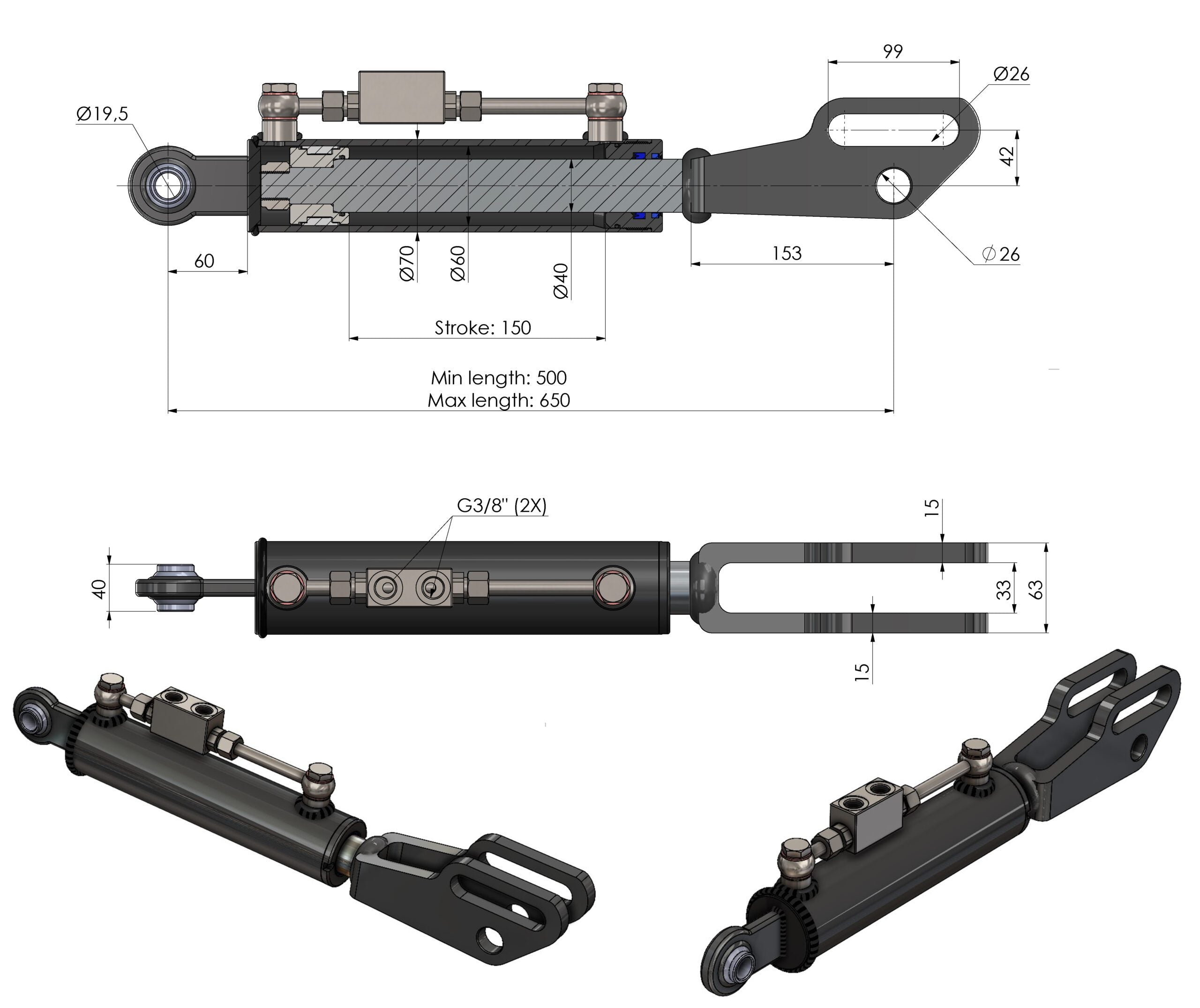 Hydraulische Seitenstrebe / Hubstrebenzylinder (500–650 mm) mit Sperrblock & 2 Hydraulikschläuchen