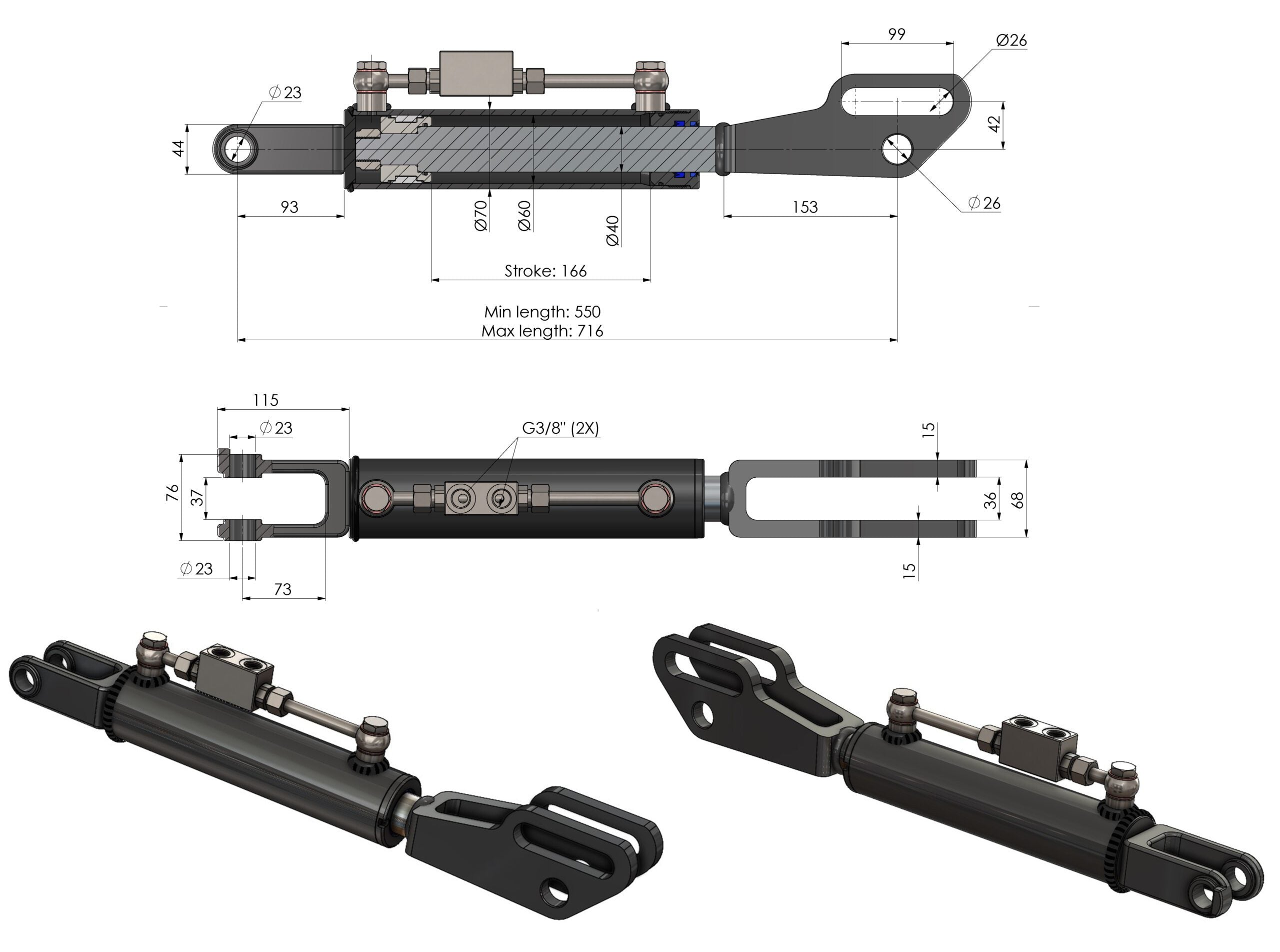 Hydraulische Seitenstrebe mit Gabelkopf / Hubstrebenzylinder (550–716 mm) mit Sperrblock & 2 Hydraulikschläuchen