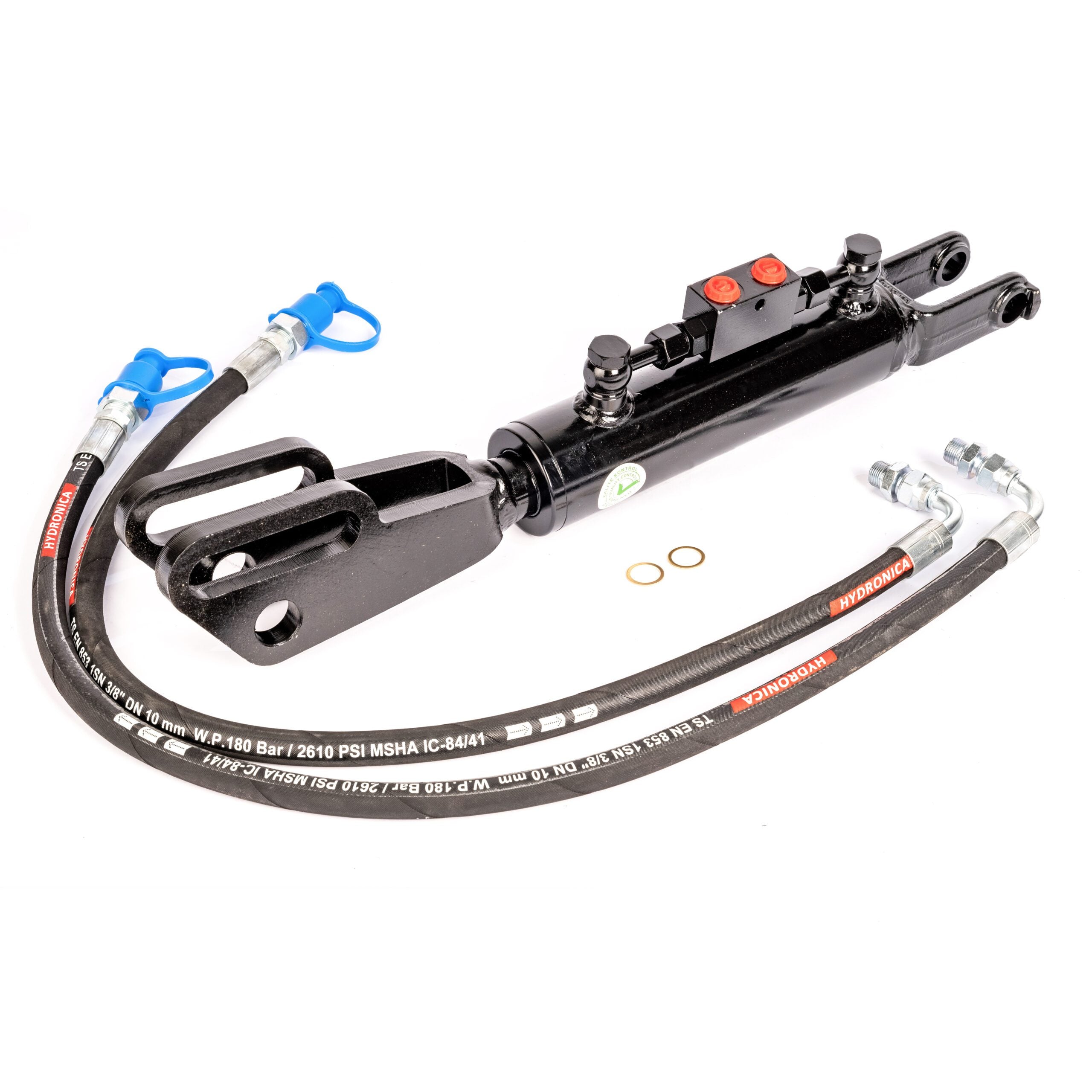 Hydraulische Seitenstrebe mit Gabelkopf / Hubstrebenzylinder (550–716 mm) mit Sperrblock & 2 Hydraulikschläuchen