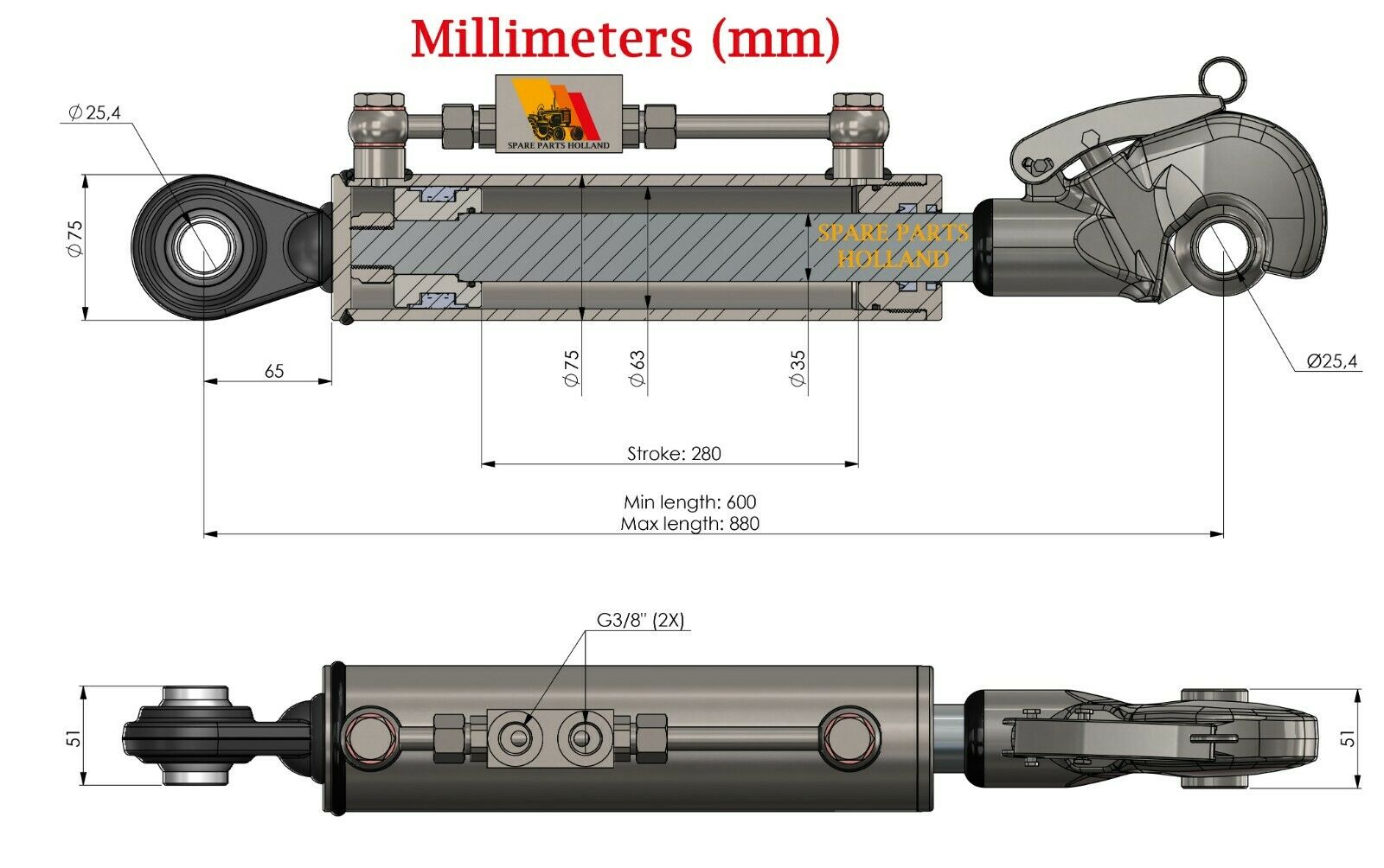 Hydraulischer Oberlenker Kat 2 (600–880 mm) mit Fanghaken, Sperrblock & 2 Hydraulikschläuchen