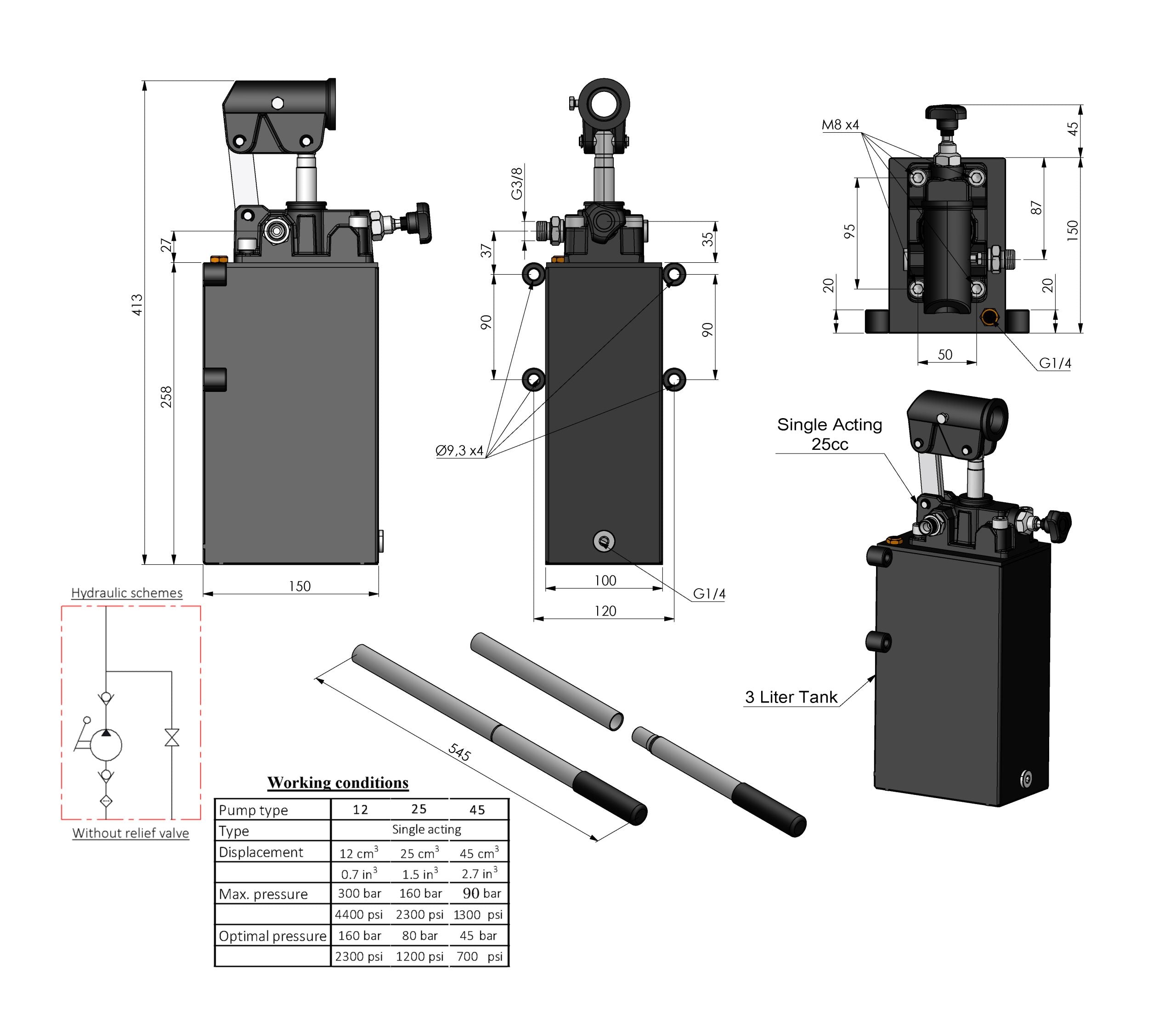 Einfachwirkende Hydraulische Handpumpe mit Tank und 3/8" Anschlüssen