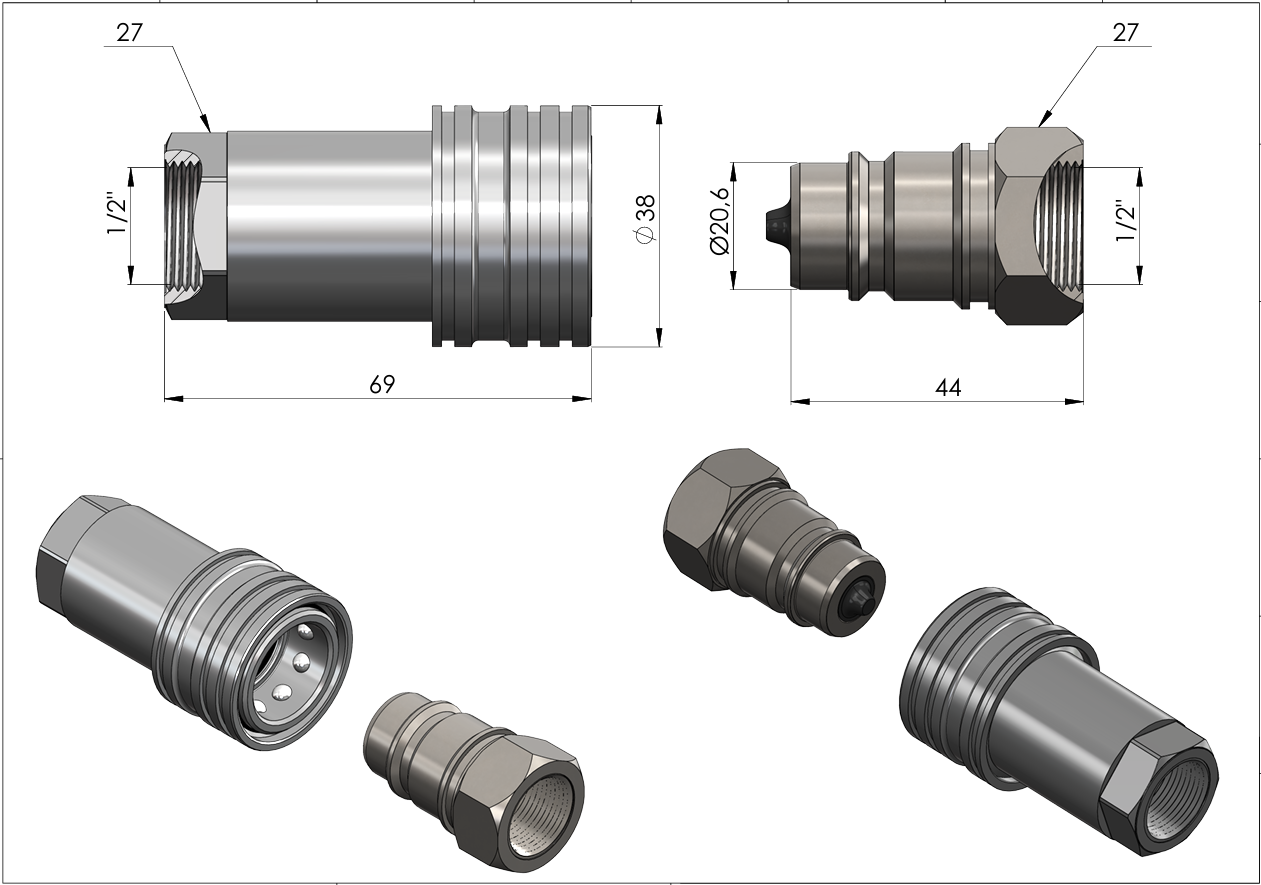 Hydraulische Schnellkupplung 1/2" BSP Poppet-Ventil - Stecker / Buchse / Set
