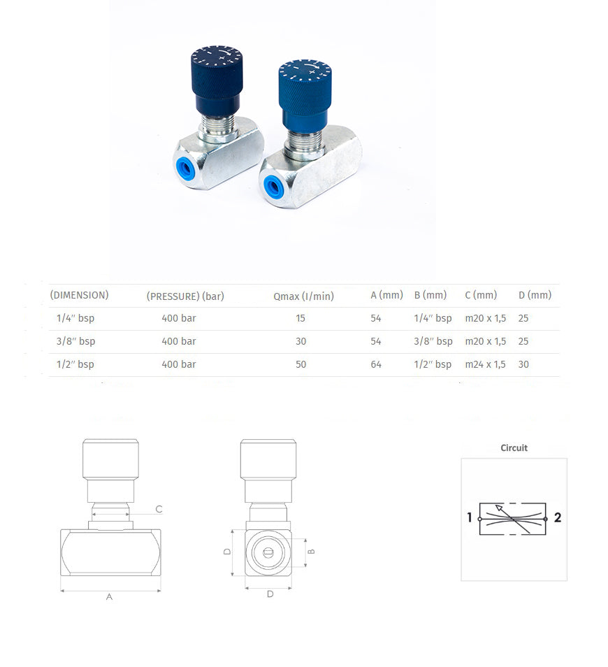 Hydraulisches Einweg-Durchflussregelventil – Geschwindigkeitsregler in eine Richtung 1/4", 3/8" und 1/2"
