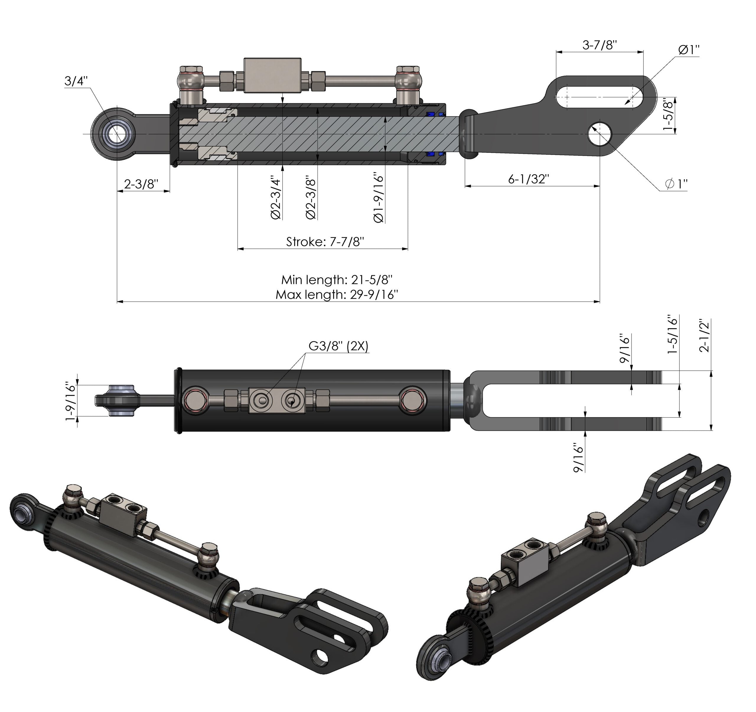 Hydraulische Seitenstrebe / Hubstrebenzylinder (550–750 mm) mit Sperrblock & 2 Hydraulikschläuchen
