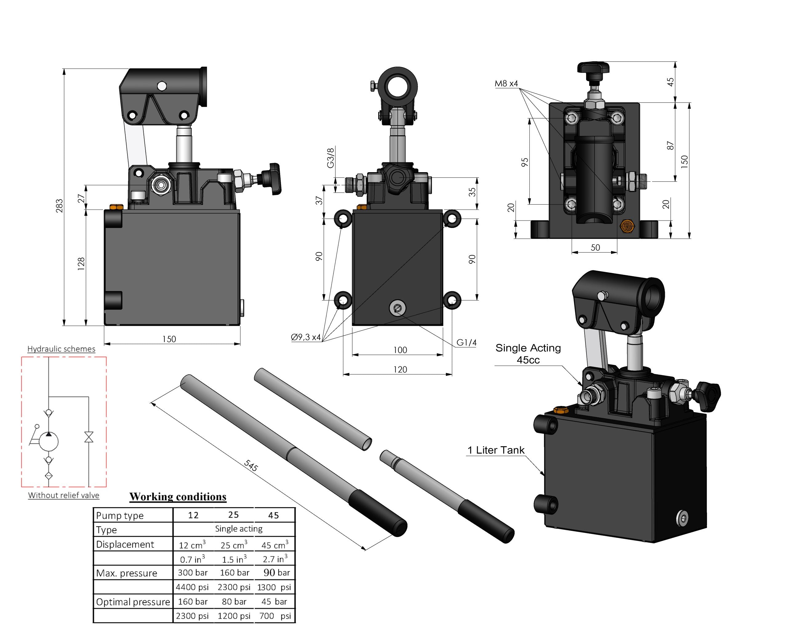 Einfachwirkende Hydraulische Handpumpe mit Tank und 3/8" Anschlüssen
