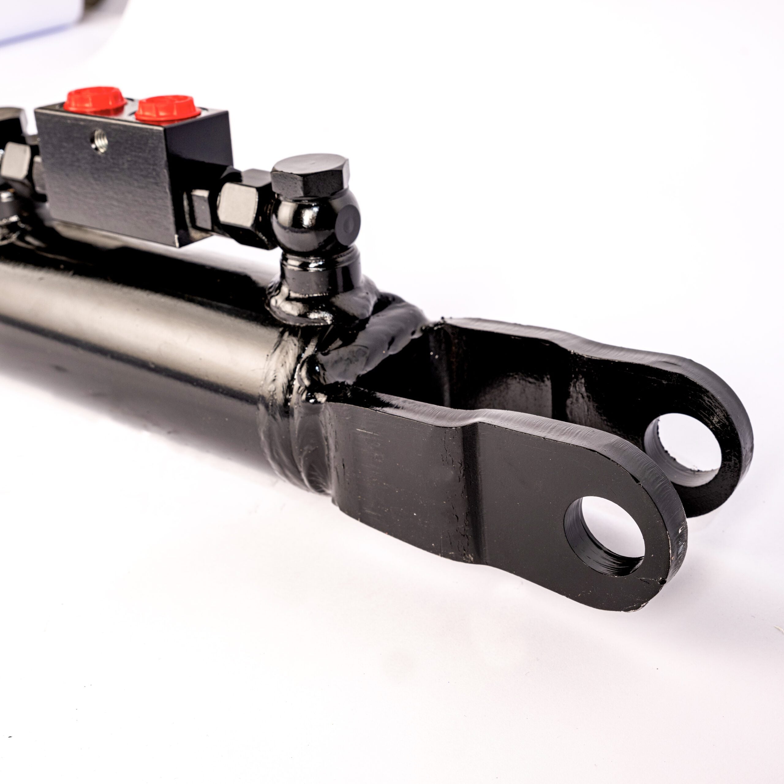 Hydraulische Seitenstrebe mit Gabelkopf / Hubstrebenzylinder (450–550 mm) mit Sperrblock & 2 Hydraulikschläuchen