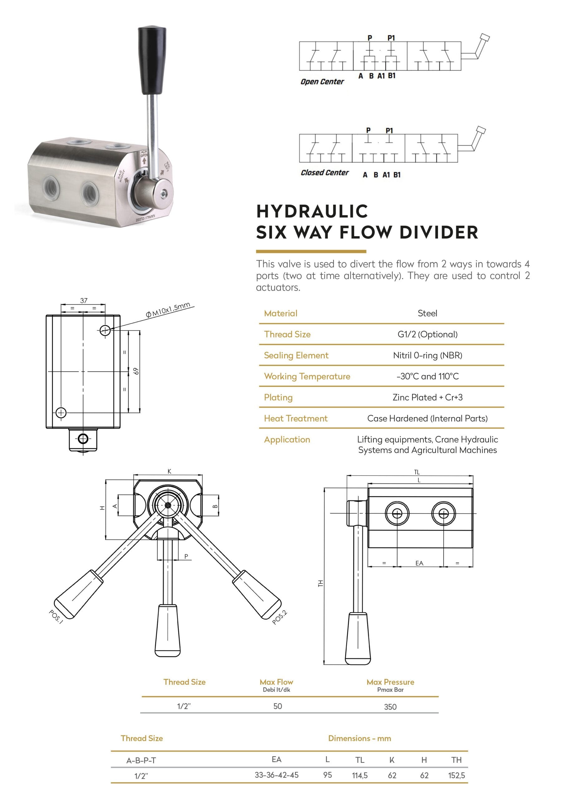 Hydraulisches 6-Wege-Umschaltventil mit Stahlgehäuse – 3/8" und 1/2"