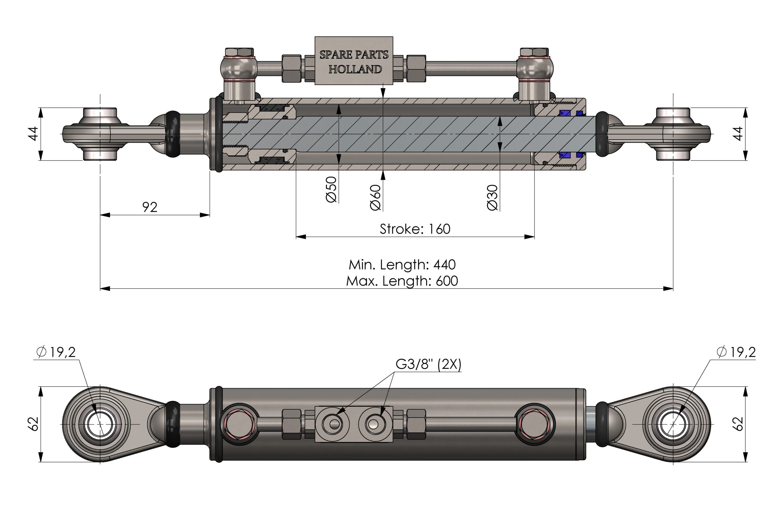Hydraulischer Oberlenker Kat 1 (440–600 mm) verlängert mit Sperrblock & 2 Hydraulikschläuchen
