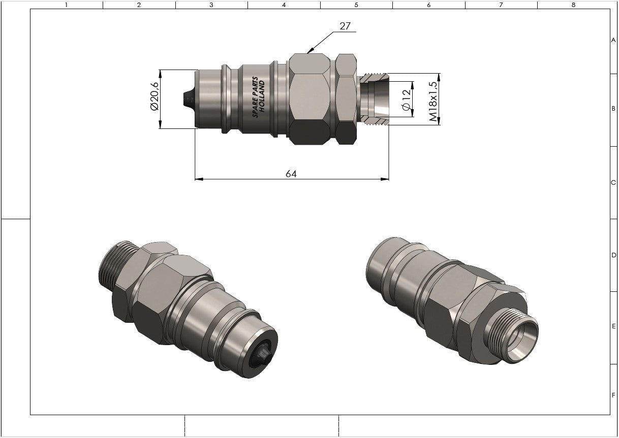 Hydraulische Schnellkupplung Stecker ISO 7241-A – Metrisches Gewinde (10L / 12L / 15L)