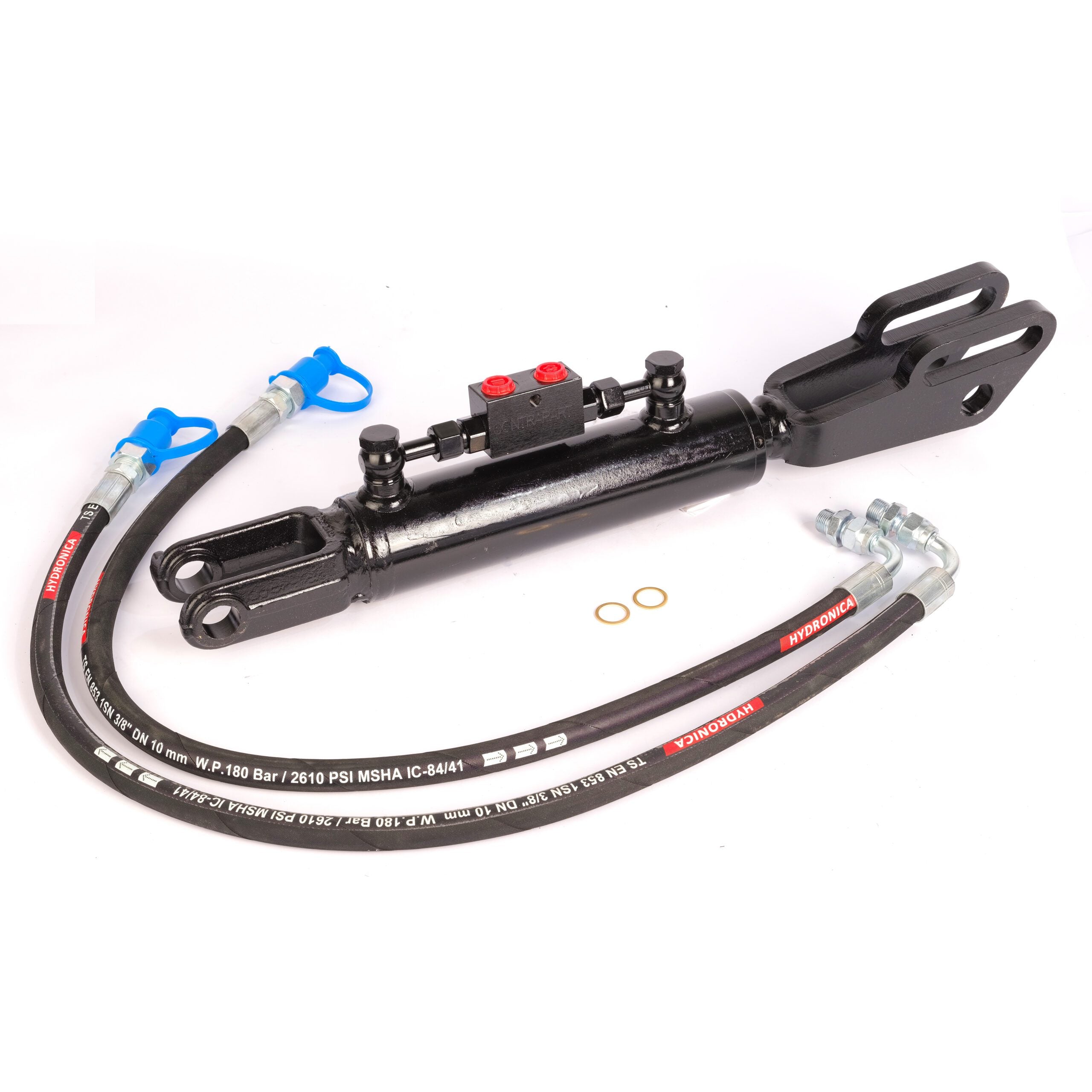 Hydraulische Seitenstrebe mit Gabelkopf / Hubstrebenzylinder (550–716 mm) mit Sperrblock & 2 Hydraulikschläuchen