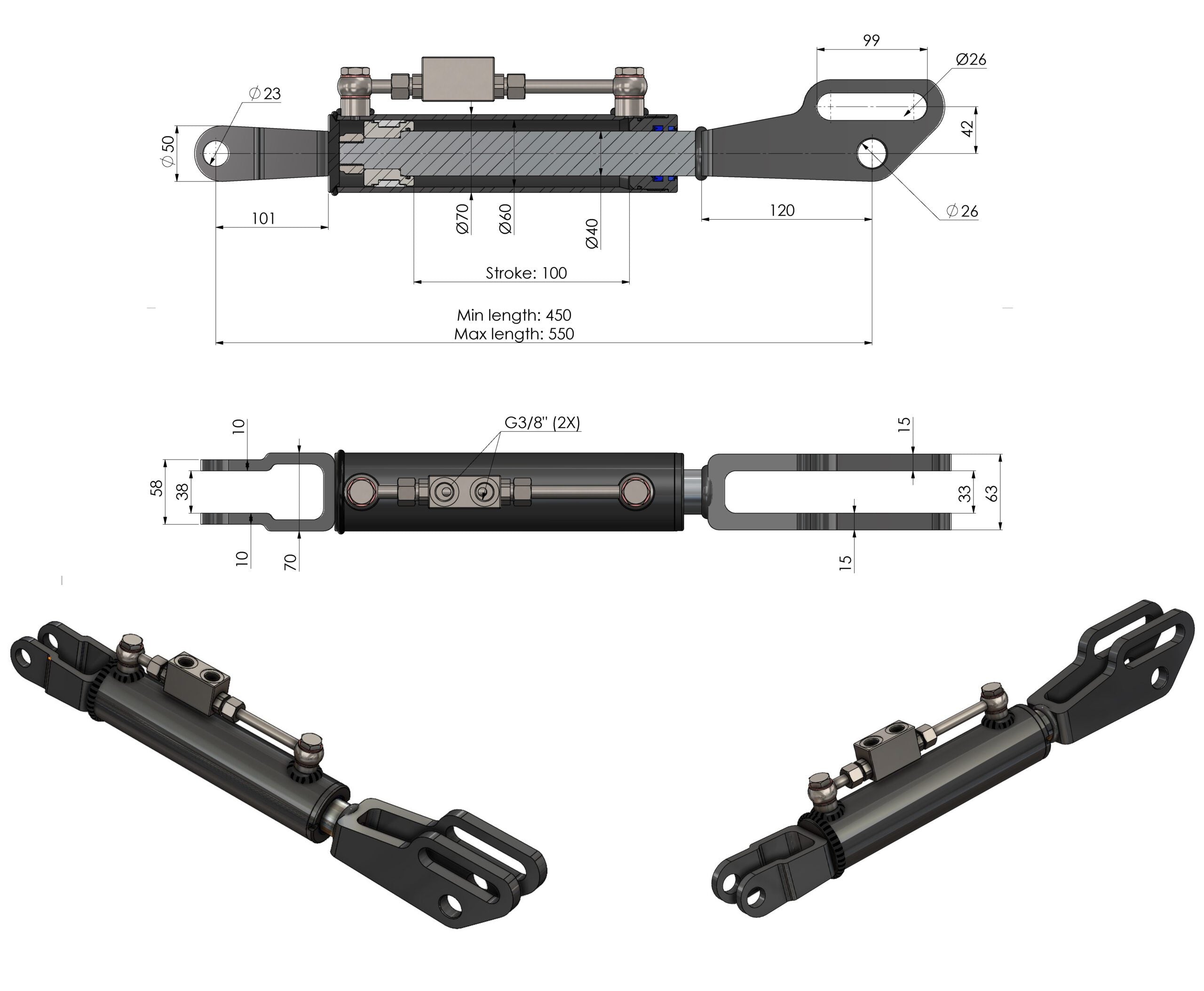 Hydraulische Seitenstrebe mit Gabelkopf / Hubstrebenzylinder (450–550 mm) mit Sperrblock & 2 Hydraulikschläuchen