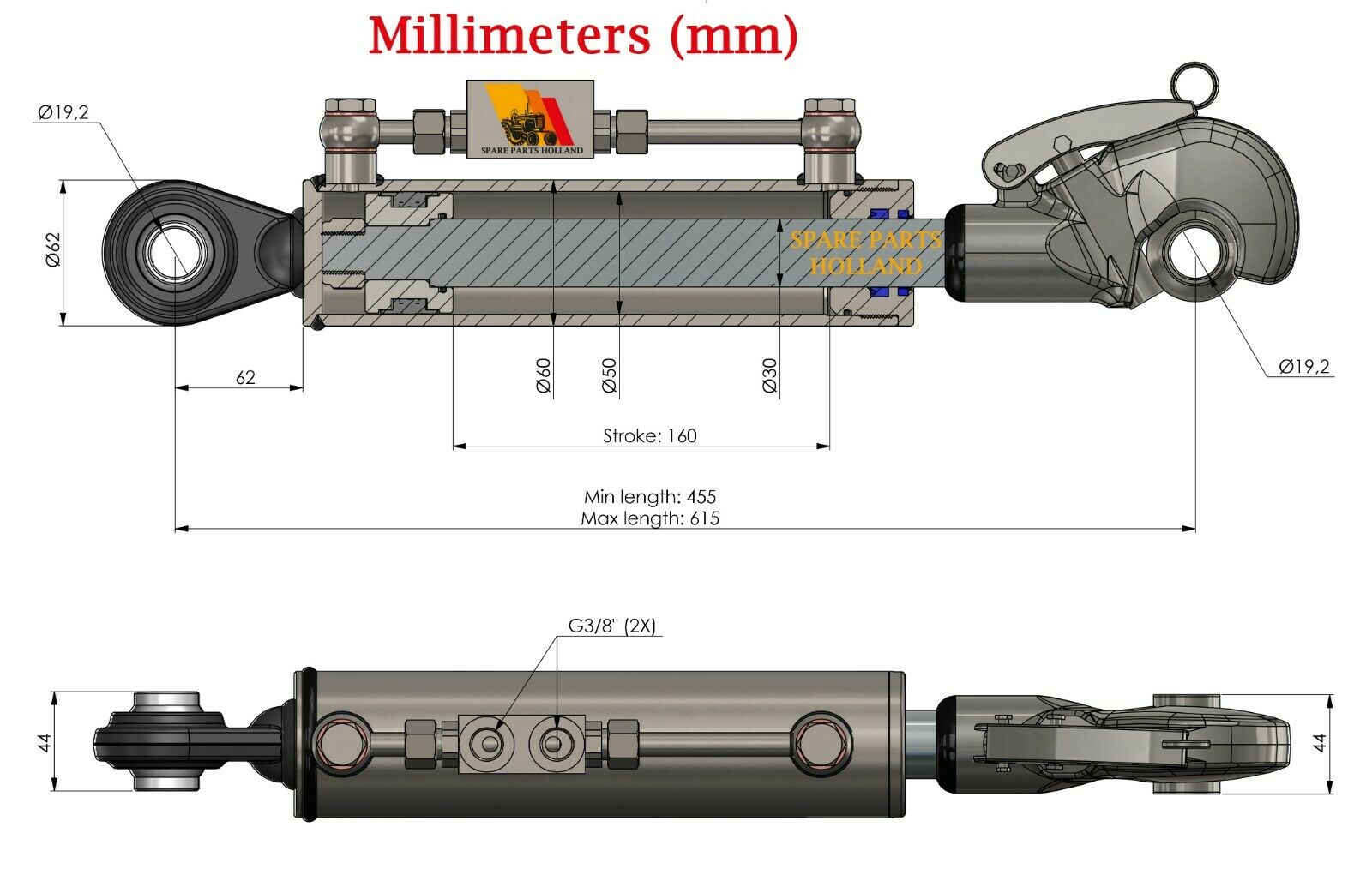 Hydraulischer Oberlenker Kat 1 (455–615 mm) mit Fanghaken, Sperrblock und 2 Hydraulikschläuchen