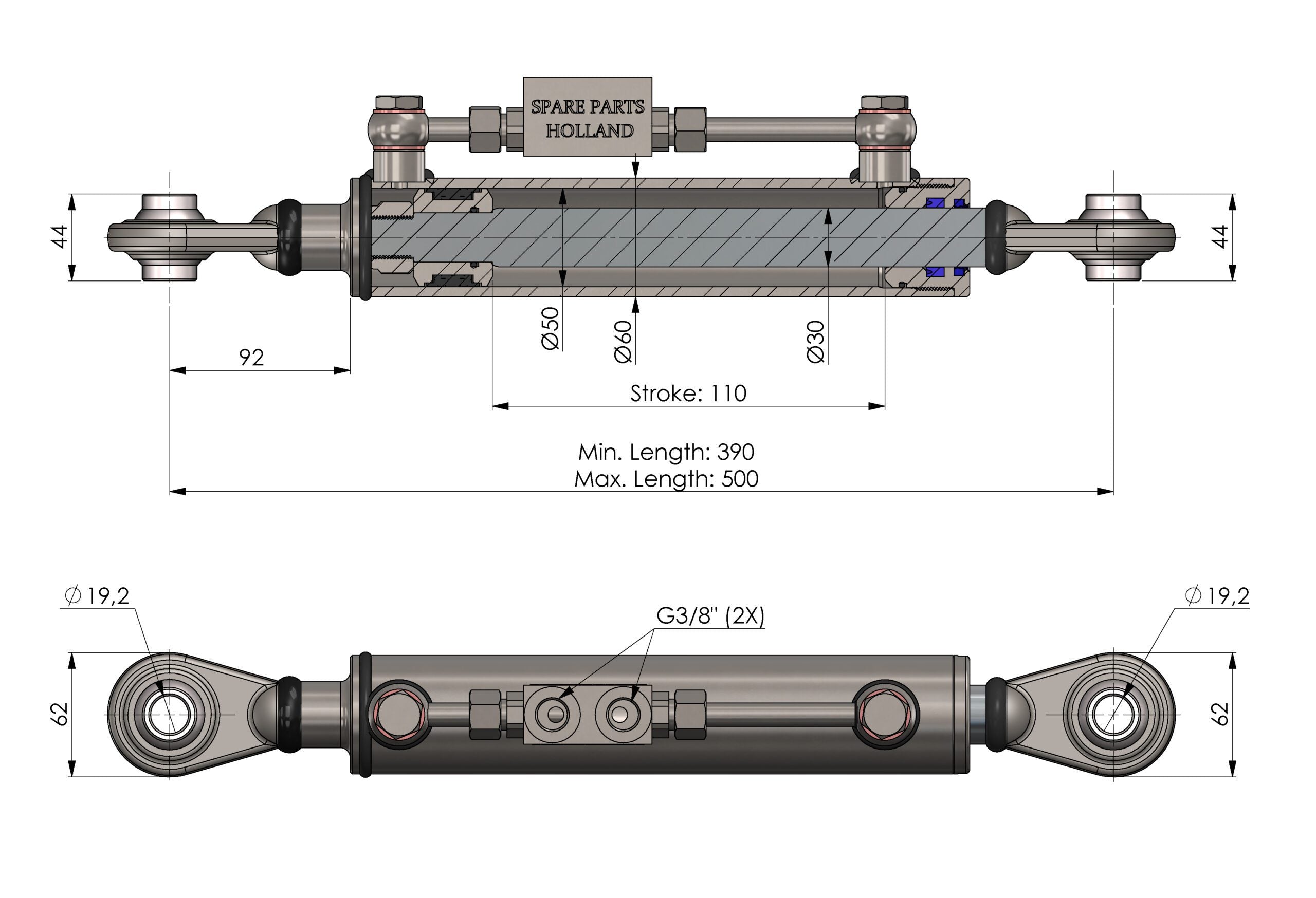 Hydraulischer Oberlenker Kat 1 (390–500 mm) verlängert mit Sperrblock & 2 Hydraulikschläuchen